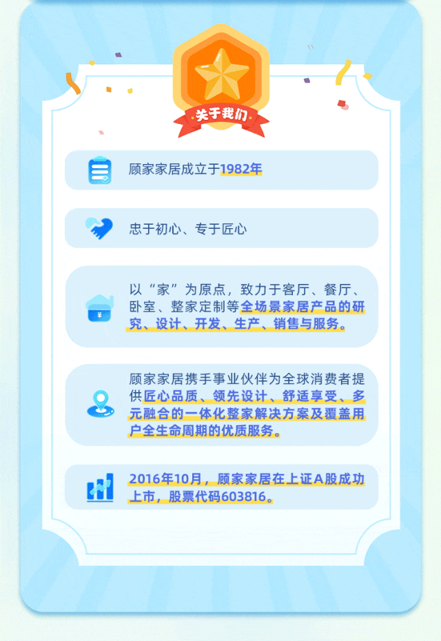 <p>关于我们</p>
<p>顾家家居成立于1982年</p>
<p>忠于初心、专于匠心</p>
<p>以“家”为原点，致力于客厅、餐厅<br/>卧室、整家定制等全场景家居产品的研<br/>究、设计、开发、生产、销售与服务。</p>
<p>顾家家居携手事业伙伴为全球消费者提<br/>供匠心品质、领先设计、舒适享受、多<br/>元融合的一体化整家解决方案及覆盖用<br/>户全生命周期的优质服务。</p>
<p>2016年10月，顾家家居在上证A股成功<br/>上市，股票代码603816。</p>

