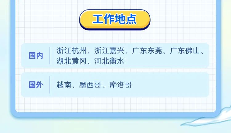 <p>国内</p>
<p>国外</p>
<p>工作地点</p>
<p>浙江杭州、浙江嘉兴、广东东莞、广东佛山、<br/>湖北黄冈、河北衡水</p>
<p>越南、墨西哥、摩洛哥</p>