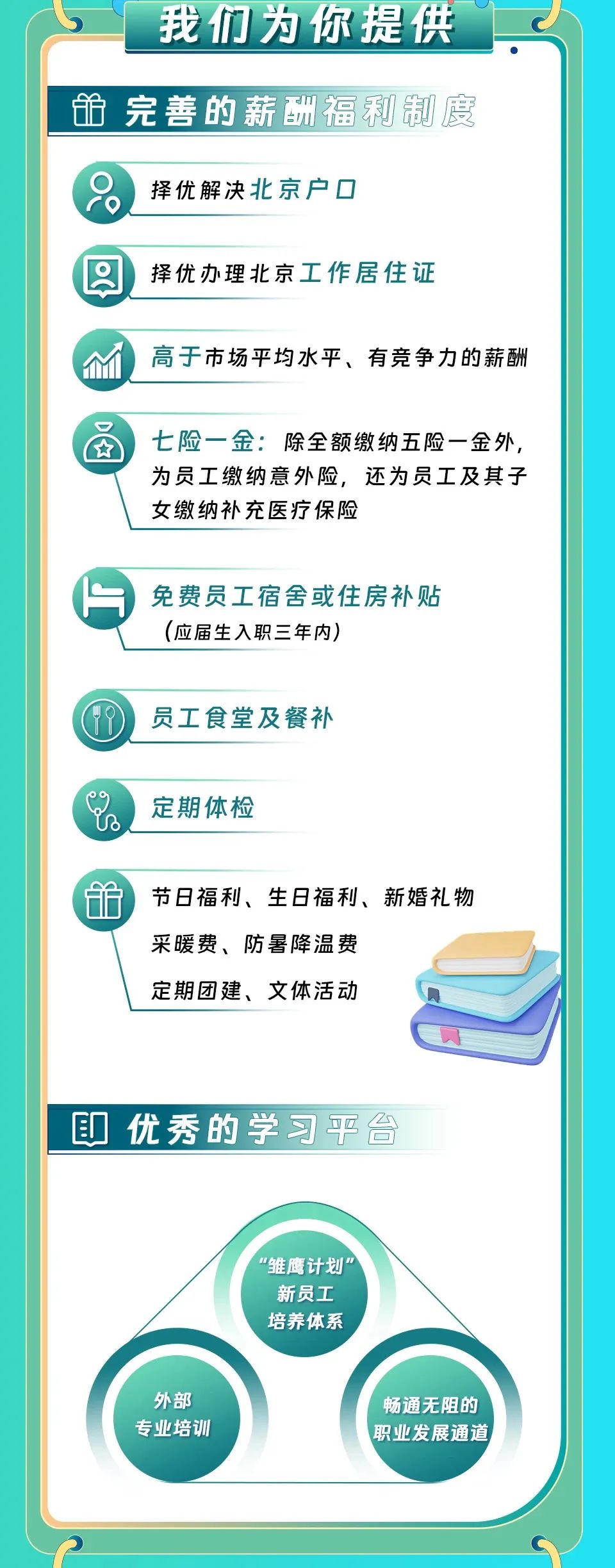 <p>我们为你提供<br/>完善的薪酬福利制度<br/>择优解决北京户口</p>
<p>择优办理北京工作居住证</p>
<p>高于市场平均水平、有竞争力的薪酬</p>
<p>七险一金:除全额缴纳五险一金外，<br/>为员工缴纳意外险，还为员工及其子<br/>女缴纳补充医疗保险</p>
<p>免费员工宿舍或住房补贴<br/>(应届生入职三年内)</p>
<p>员工食堂及餐补</p>
<p>定期体检</p>
<p>节日福利、生日福利、新婚礼物<br/>采暖费、防暑降温费</p>
<p>定期团建、文体活动</p>
<p>优秀的学习平台</p>
<p>“雏鹰计划”<br/>新员工<br/>培养体系</p>
<p>外部<br/>专业培训</p>
<p>畅通无阻的<br/>职业发展通道</p>
