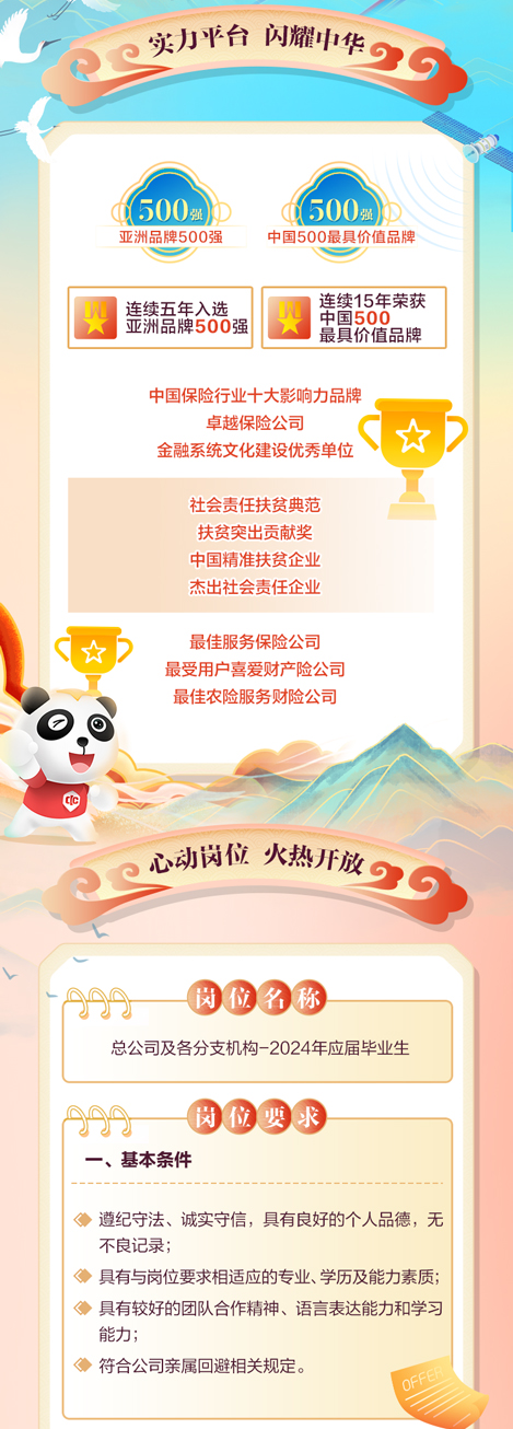 <p>, 实力平台闪耀中华。</p>
<p>RCo</p>
<p>600元500元</p>
<p>亚洲品牌500强中国500最具价值品牌</p>
<p>贝连续五年入选亚洲品牌500强最具价值品牌中国500连续15年荣获</p>
<p>中国保险行业十大影响力品牌</p>
<p>卓越保险公司( )</p>
<p>金融系统文化建设优秀单位</p>
<p>社会责任扶贫典范</p>
<p>扶贫突出贡献奖</p>
<p>中国精准扶贫企业</p>
<p>杰出社会责任企业</p>
<p>>最佳服务保险公司</p>
<p>最受用户喜爱财产险公司</p>
<p>最佳农险服务财险公司</p>
<p>心动岗位火热开放</p>
<p>tAAA肉⑥名3</p>
<p>总公司及各分支机构-2024年应届毕业生</p>
<p>AAA -①① 乘</p>
<p>一、基本条件</p>
<p>遵纪守法、诚实守信,具有良好的个人品德,无</p>
<p>不良记录;</p>
<p>具有与岗位要求相适应的专业、学历及能力素质;</p>
<p>具有较好的团队合作精神、语言表达能力和学习</p>
<p>能力;</p>
<p>符合公司亲属回避相关规定。</p>
