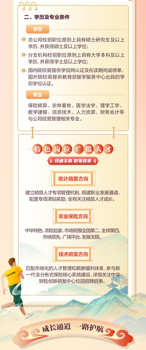 <p>二、学历及专业条件</p>
<p>学历</p>
<p>总公司校招职位原则上具有硕士研究生及以上<br/>学历，并获得硕士及以上学位;</p>
<p>分支机构校招职位原则上具有大学本科及以上<br/>学历，并获得学士及以上学位;</p>
<p>国内院校需提供学信网认证及在读期间成绩单，<br/>国外院校需提供教育部留学服务中心出具的学<br/>历学位认证。</p>
<p>专业</p>
<p>保险精算、农林畜牧、医学法学、理学工学、<br/>数学建模、信息技术、人力资源、财务会计等<br/>与公司经营管理相关专业。</p>
<p>特色岗位揽人才<br/>待遇丰厚职等你来</p>
<p>统计精算方向</p>
<p>建立精算人才专项管理机制，搭建职业发展通道<br/>配置专项津贴奖励，全程关注精算人才成长。</p>
<p>农业保险方向</p>
<p>中华特色，农险起家,市场规模全国第二、全球第四,</p>
<p>市场领先,广阔平台,发展无限。</p>
<p>技术研发方向</p>
<p>匹配市场化的人才管理和薪酬福利体系，参与新<br/>-代全分布式保险核心系统建设，详情关注中华<br/>财险创新研发中心校园招聘启事。</p>
<p>成长通道</p>
<p>路护航</p>
