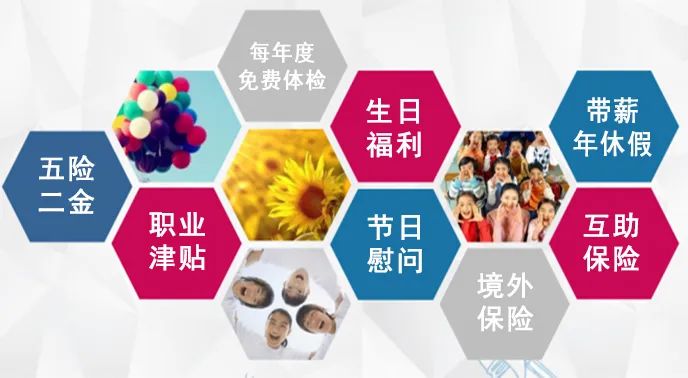 <p>每年度</p>
<p>免费体检 </p>
<p>生日带薪</p>
<p>福利年休假</p>
<p>五险</p>
<p>二金</p>
<p>职业节日互助</p>
<p>津贴慰问保险</p>
<p>境外</p>
<p>保险</p>

