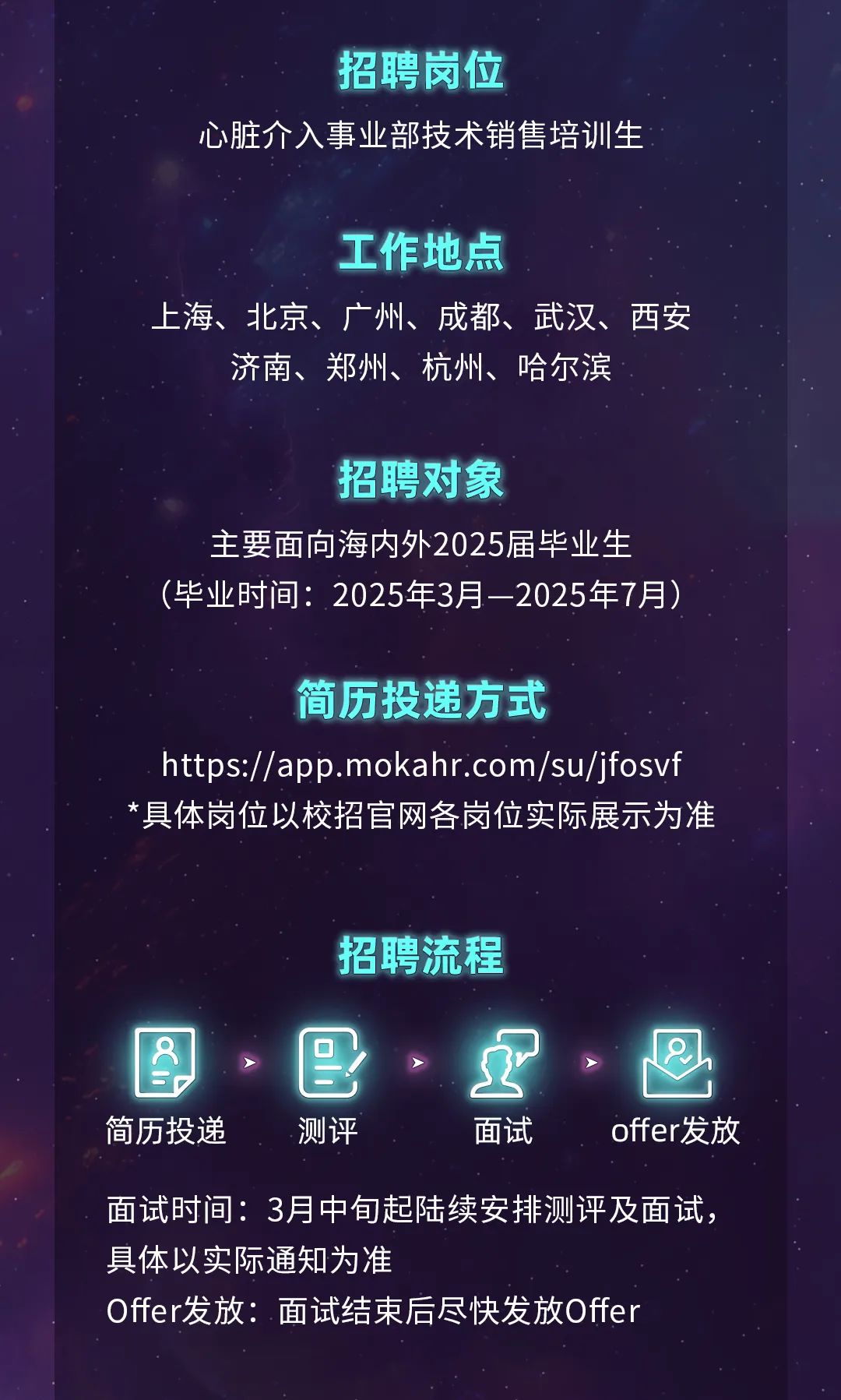 <p>招聘岗位</p>
<p>心脏介入事业部技术销售培训生</p>
<p>工作地点</p>
<p>上海、北京、广州、成都、武汉、西安<br/>济南、郑州、杭州、哈尔滨</p>
<p>招聘对象</p>
<p>主要面向海内外2025届毕业生<br/>毕业时间:2025年3月一2025年7月)</p>
<p>简历投递方式</p>
<p>https://app.mokahr.com/su/jfosvf<br/>*具体岗位以校招官网各岗位实际展示为准</p>
<p>招聘流程</p>
<p> </p>
<p>简历投递</p>
<p>e</p>
<p>测评</p>
<p>面试</p>
<p>offer发放</p>
<p>面试时间:3月中旬起陆续安排测评及面试，<br/>具体以实际通知为准</p>
<p>Offer发放:面试结束后尽快发放Offer</p>
