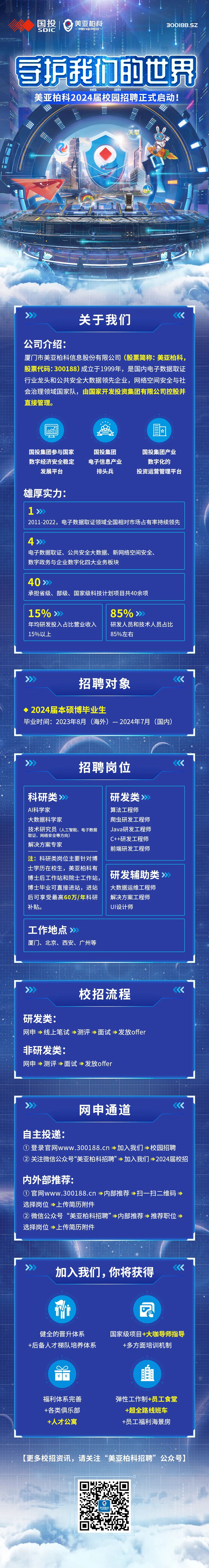 <p>国投</p>
<p>SDIC</p>
<p>美亚柏科<br/>-MeIya Pco</p>
<p>300188.5Z</p>
<p>Q(01</p>
<p>旨护我们的世界<br/>美亚柏科2024届校园招聘正式启动!</p>
<p>天擎</p>
<p>关于我们</p>
<p>公司介绍:</p>
<p>厦门市美亚柏科信息股份有限公司(股票简称:美亚柏科.<br/>股票代码:300188)成立于1999年，是国内电子数据取证<br/>行业龙头和公共安全大数据领先企业，网络空间安全与社<br/>会治理领域国家队，由国家开发投资集团有限公司控股并<br/>直接管理。</p>
<p> </p>
<p>国投集团参与国家<br/>数字经济安全稳定<br/>发展平台</p>
<p>国投集团<br/>电子信息产业</p>
<p>排头兵</p>
<p>国投集团产业<br/>数字化的</p>
<p>投资运营管理平台</p>
<p>雄厚实力:</p>
<p>1></p>
<p>2011-2022，电子数据取证领域全国相对市场占有率持续领先</p>
<p>4></p>
<p>电子数据取证、公共安全大数据、新网络空间安全、<br/>数字政务与企业数字化四大业务板块</p>
<p>40></p>
<p>承担省级、部级、国家级科技计划项目共40余项</p>
<p>15%></p>
<p>85%></p>
<p>年均研发投入占比营业收入研发人员和技术人员占比<br/>15%以上</p>
<p>85%左右</p>
<p>招聘对象</p>
<p>2024届本硕博毕业生</p>
<p>毕业时间:2023年8月(海外)一2024年7月<br/>(国内)</p>
<p>招聘岗位</p>
<p>科研类》</p>
<p>AI科学家</p>
<p>大数据科学家</p>
<p>技术研究员(人工智能、电子数据<br/>取证、网络安全等方向)</p>
<p>解决方案专家</p>
<p>注:科研类岗位主要针对博<br/>士学历在校生，美亚柏科有<br/>博士后工作站和院士工作站，<br/>博士毕业可直接进站，进站<br/>后可享受最高60万/年科研<br/>补贴。</p>
<p>研发类》<br/>算法工程师</p>
<p>爬虫研发工程师<br/>Java研发工程师<br/>C++研发工程师<br/>前端研发工程师</p>
<p>研发辅助类》<br/>大数据运维工程师<br/>解决方案工程师<br/>UI设计师</p>
<p>工作地点》</p>
<p>厦门、北京、西安、广州等</p>
<p>校招流程</p>
<p>研发类:</p>
<p>网申→线上笔试→测评→面试→发放offer</p>
<p>非研发类:</p>
<p>网申→测评面试发放offer</p>
<p>网申通道</p>
<p>自主投递:</p>
<p>①登录官网www.300188.cn→加入我们→校园招聘</p>
<p>②关注微信公众号“美亚柏科招聘”→加入我们→2024届校招</p>
<p>内外部推荐:</p>
<p>①官网www.300188.cn→内部推荐→扫一扫二维码<br/>选择岗位→上传简历附件</p>
<p>②微信公众号“美亚柏科招聘”<br/>→内部推荐→推荐职位<br/>选择岗位→上传简历附件</p>
<p>加入我们，你将获得</p>
<p>K</p>
<p>U</p>
<p> </p>
<p>健全的晋升体系<br/>+后备人才梯队培养体系</p>
<p>国家级项目+大咖导师指导<br/>+多方面培训机制</p>
<p>c</p>
<p>￥￥</p>
<p> </p>
<p>福利体系完善<br/>+各类俱乐部<br/>+人才公寓</p>
<p>弹性工作制+员工食堂</p>
<p>+超全路线班车<br/>+员工福利海景房</p>
<p>(更多校招资讯，请关注“美亚柏科招聘”<br/>公众号)]</p>
<p>美亚怕</p>
