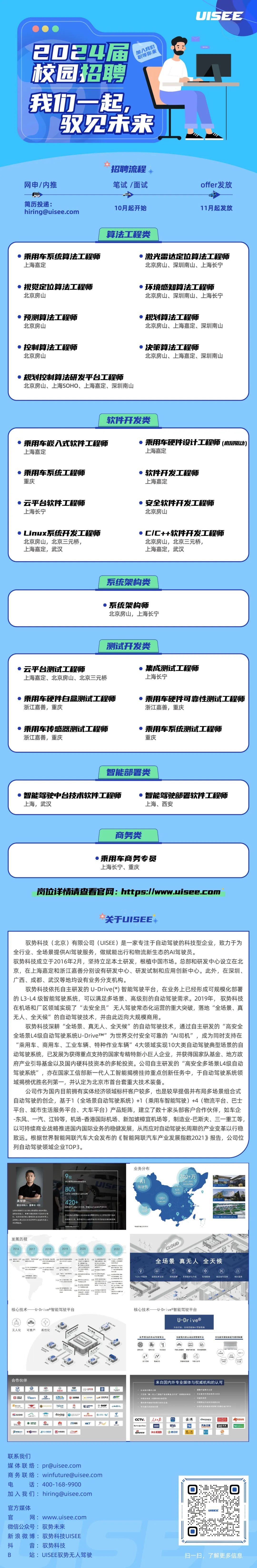 <p>UISEE</p>
<p>2o24届<br/>校园招聘</p>
<p>加入我们</p>
<p>职等你来</p>
<p>我们一起，</p>
<p>驭见未来</p>
<p>1</p>
<p>4</p>
<p>网申/内推</p>
<p> </p>
<p>简历投递:</p>
<p>hiring@uisee.com</p>
<p>招聘流程*<br/>笔试/面试<br/> </p>
<p>10月起开始</p>
<p>offer发放<br/> </p>
<p>11月起发放</p>
<p>算法工程类</p>
<p>乘用车系统算法工程师<br/>上海嘉定</p>
<p>●激光雷达定位算法工程师<br/>北京房山、深圳南山、上海长宁</p>
<p>视觉定位算法工程师<br/>北京房山</p>
<p>、环境感知算法工程师<br/>北京房山、深圳南山、上海长宁</p>
<p>预测算法工程师<br/>北京房山</p>
<p>●规划算法工程师</p>
<p>北京房山、上海嘉定、深圳南山</p>
<p>控制算法工程师<br/>北京房山</p>
<p>●决策算法工程师</p>
<p>北京房山、上海嘉定、深圳南山</p>
<p>规划控制算法研发平台工程师<br/>北京房山、上海SOHO、上海嘉定、深圳南山</p>
<p>软件开发类</p>
<p>乘用车嵌八式软件工程师<br/>上海嘉定</p>
<p>乘用车硬件设计工程师(底驱动)<br/>上海嘉定</p>
<p>乘用车系统工程师<br/>重庆</p>
<p>软件开发工程师<br/>上海嘉定</p>
<p>云平台软件工程师<br/>上海长宁</p>
<p>安全软件开发工程师<br/>北京房山</p>
<p>Linux系统开发工程师<br/>北京房山，北京三元桥，</p>
<p>上海嘉定，武汉</p>
<p>●C/C++软件开发工程师<br/>北京房山，北京三元桥，</p>
<p>上海嘉定，武汉</p>
<p>系统架构类</p>
<p>系统架构师<br/>北京房山，上海长宁</p>
<p>测试开发类</p>
<p>云平台测试工程师</p>
<p>上海嘉定、北京房山、北京三元桥</p>
<p>集成测试工程师<br/>上海长宁</p>
<p>乘用车硬件白盒测试工程师<br/>浙江嘉善，重庆</p>
<p>乘用车硬件可靠性测试工程师<br/>浙江嘉善，重庆</p>
<p>乘用车传感器测试工程师<br/>浙江嘉善，重庆</p>
<p>乘用车系统测试工程师<br/>重庆</p>
<p>智能部署类</p>
<p>智能驾驶中台技术软件工程师<br/>上海，武汉</p>
<p>智能驾驶部署软件工程师<br/>上海、西安</p>
<p>商务类</p>
<p>●乘用车商务专员<br/>上海长宁、重庆</p>
<p>岗位详情请查看官网:https://www.uisee.com</p>
<p>*关于UISEE*</p>
<p>驭势科技(北京)有限公司(UISEE)是一家专注于自动驾驶的科技型企业，致力于为<br/>全行业、全场景提供AI驾驶服务，做赋能出行和物流新生态的AI驾驶员。</p>
<p>驭势科技成立于2016年2月，坚持立足本土研发，根植中国市场。总部和研发中心设立在北<br/>京，在上海嘉定和浙江嘉善分别设有研发中心、研发试制和应用创新中心。此外，在深圳、<br/>广西、成都、武汉等地均设有业务分支机构。</p>
<p>驭势科技依托自主研发的U-Drive()智能驾驶平台，在业务上已经形成可规模化部署<br/>的L3-L4级智能驾驶系统，可以满足多场景、高级别的自动驾驶需求。2019年，驭势科技<br/>在机场和厂区领域实现了“去安全员”无人驾驶常态化运营的重大突破，落地“全场景、真<br/>无人、全天候”的自动驾驶技术，并由此迈向大规模商用。</p>
<p>驭势科技深耕“全场景、真无人、全天候”的自动驾驶技术，通过自主研发的“高安全<br/>全场景L4级自动驾驶系统U-DriveTm”为世界交付安全可靠的“AI司机”，成为同时支持在<br/>“乘用车、商用车、工业车辆、特种作业车辆”4大领域实现10大类自动驾驶典型场景的自<br/>动驾驶系统，已发展为获得重点支持的国家专精特新小巨人企业，并获得国家队基金、地方政<br/>府产业引导基金以及国内硬科技资本的多轮投资。公司自主研发的“高安全多场景L4级自动<br/>驾驶系统”，亦在国家工信部新一代人工智能揭榜挂帅重点创新任务中，于自动驾驶系统领<br/>域揭榜优胜名列第一，并认定为北京市首台套重大技术装备。</p>
<p>公司作为国内目前拥有实体经济领域标杆客户较多，也是较早提倡并布局多场景组合式<br/>自动驾驶的创企，基于1(全场景自动驾驶系统)+1(乘用车智能驾驶)+4(物流平台、巴士<br/>平台、城市生活服务平台、大车平台)产品矩阵，建立了数十家头部客户合作伙伴，如车企<br/>-东风、一汽、江铃等，机场-香港国际机场、新加坡樟宜机场等，制造业-巴斯夫、三一重工等<br/>以可持续商业战略推进国内国际业务的稳健发展，从而应对自动驾驶长周期的产业变革以行稳<br/>致远。根据世界智能网联汽车大会发布的《智能网联汽车产业发展指数2021》报告，公司位<br/>列自动驾驶领域企业TOP3。</p>
<p>来自世果各地的科李欢政<br/>80%</p>
<p>C</p>
<p>业务分布</p>
<p>驾驶员</p>
<p>240+万</p>
<p>吴甘沙</p>
<p>联合创始人董事长CED</p>
<p>安办科技拥有行业的核心曾理国队和技术团队<br/>由联合创始人、集事长兼首席执行宫英梦炒<br/>员。张势移技的核心管报团队由乡检学术界<br/>工智能入员以及来自有名学携与企业的杰出<br/>才共局州观</p>
<p>420+</p>
<p>司国内外专利，完空的全主细品产权布局</p>
<p>于0凉在入连国家工电位商安全龙展强究中人工物能社我产县<br/>应用科决方，<br/>改学经济西人舜数李经济引区西质量发<br/>发展创新至</p>
<p>发展历程</p>
<p>201</p>
<p>201</p>
<p>2019</p>
<p>2020</p>
<p>202</p>
<p>2022</p>
<p>用<br/>D</p>
<p>8财坍W明<br/> <br/>4E</p>
<p> <br/> </p>
<p> </p>
<p> </p>
<p>4州批联</p>
<p> <br/> <br/> <br/>H 7we</p>
<p>s "atx”wwwqw<br/> <br/>阳 7川<br/>n</p>
<p>9明 3<br/> </p>
<p>全场景真无人全天候</p>
<p>7624小时服务</p>
<p>远程技术支</p>
<p>更场部</p>
<p>系统場护与升机</p>
<p>北场服务</p>
<p>备品备件服务</p>
<p>2</p>
<p>核心技术</p>
<p>-U-Drive@智能驾驶平台</p>
<p>无人化可量产</p>
<p>柔性化</p>
<p>核心技术</p>
<p>-U-Drive@智能驾驶平台</p>
<p>U-Drive@<br/>为会行业、个场可提住1配驶服0</p>
<p>业类前沿的自动驾驶算法</p>
<p> </p>
<p>uesn</p>
<p>Eena</p>
<p>Bcru</p>
<p>SFO</p>
<p>功能强大的云端运常管理平台</p>
<p>回<br/>最</p>
<p>管管<br/> </p>
<p>车Bto</p>
<p>余功能李规级智能就驶控制器</p>
<p>合作伙伴</p>
<p>5路</p>
<p>德附</p>
<p>来自国内外专业媒体与权威机构的认可</p>
<p>USH</p>
<p>ccnv</p>
<p>日热</p>
<p>3900</p>
<p>新</p>
<p>澎湃</p>
<p>雷锋</p>
<p>联系我们</p>
<p>媒体联络:pr@uisee.com</p>
<p>商务联络:winfuture@uisee.com<br/>电</p>
<p>话:400-168-9900</p>
<p>加入我们:hiring@uisee.com</p>
<p>官方媒体</p>
<p>官</p>
<p>网:www.uisee.com</p>
<p>微信公众号:驭势未来</p>
<p>新浪微博:驭势科技UISEE<br/>抖</p>
<p>音:驭势科技</p>
<p>B</p>
<p>站:UISEE驭势无人驾驶</p>
<p>扫一扫，了解更多信息</p>
