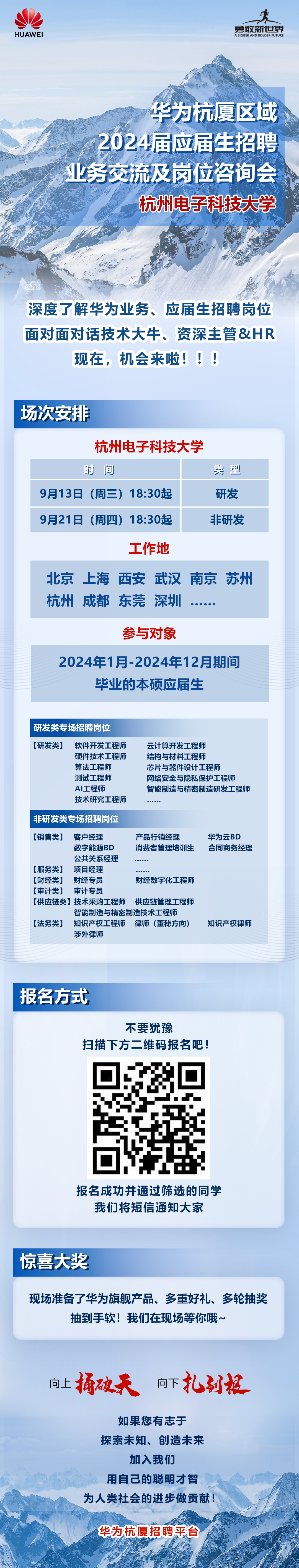 勇敢新世界\\nHUAWEI\\nA BIGGERAND BOLDER FUTURE\\n华为杭厦区域\\n2024届应届生招聘\\n业务交流及岗位咨询会\\n杭州电子科技大学\\n \\n深度了解华为业务、应届生招聘岗位\\n-\\n \\n \\n面对面对话技术大牛、资深主管&HR\\n现在，机会来啦!!!\\n场次安排\\n杭州电子科技大学\\n时间\\n类型\\n9月13日(周三)\\n18:30起\\n研发\\n9月21日(周四)18:30起\\n非研发\\n工作地\\n北京\\n上海西安武汉南京苏州\\n杭州成都东莞深圳\\n参与对象\\n2024年1月-2024年12月期间\\n毕业的本硕应届生\\n研发类专场招聘岗位\\n[研发类]\\n软件开发工程师\\n云计算开发工程师\\n硬件技术工程师\\n结构与材料工程师\\n算法工程师\\n芯片与器件设计工程师\\n测试工程师\\n网络安全与隐私保护工程师\\nAI工程师\\n智能制造与精密制造研发工程师\\n技术研究工程师\\n非研发类专场招聘岗位\\n[销售类]\\n客户经理\\n产品行销经理\\n华为云BD\\n数字能源BD\\n消费者管理培训生\\n合同商务经理\\n公共关系经理\\n[服务类]\\n项目经理\\n[财经类]\\n财经专员\\n财经数字化工程师\\n[审计类]\\n审计专员\\n[供应链类]技术采购工程师 供应链管理工程师\\n智能制造与精密制造技术工程师\\n[法务类]\\n知识产权工程师\\n律师(董秘方向)\\n知识产权律师\\n涉外律师\\n报名方式\\n不要犹豫\\n扫描下方二维码报名吧!\\n报名成功并通过筛选的同学\\n我们将短信通知大家\\n惊喜大奖\\n现场准备了华为旗舰产品、多重好礼、多轮抽奖\\n抽到手软!我们在现场等你哦~\\n向上\\n捅破天\\n向下扎到被\\n如果您有志于\\n探索未知、创造未来\\n加入我们\\n用自己的聪明才智\\n为人类社会的进步做贡献!\\n华为杭厦招聘平台\\n \\n