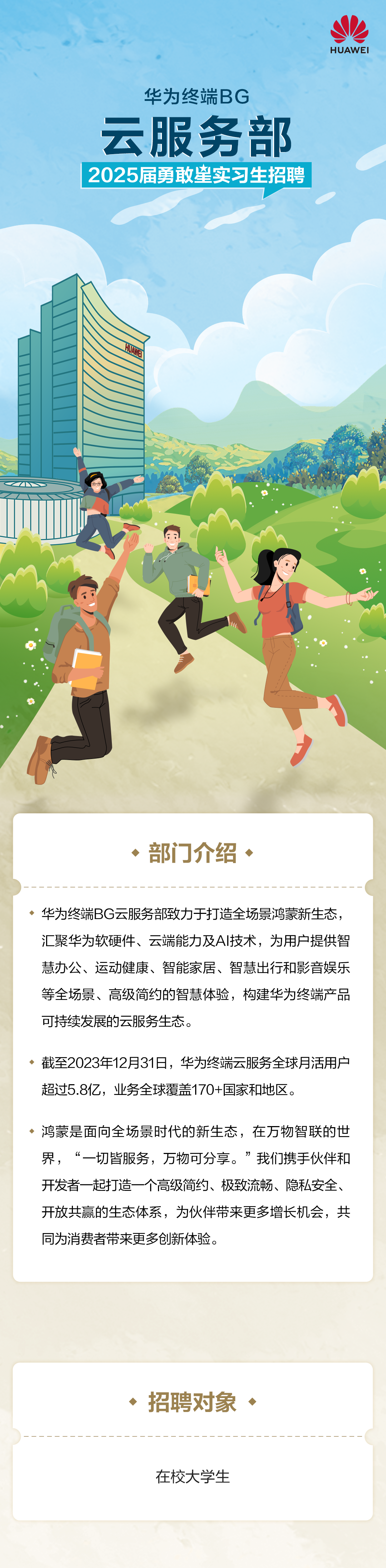 <p>HUAWEI</p>
<p>华为终端BG<br/>云服务部<br/>2025届勇敢实习生招聘</p>
<p>、部门介绍、</p>
<p>华为终端BG云服务部致力于打造全场景鸿蒙新生态，<br/>汇聚华为软硬件、云端能力及AI技术，为用户提供智<br/>慧办公、运动健康、智能家居、智慧出行和影音娱乐<br/>等全场景、高级简约的智慧体验，构建华为终端产品<br/>可持续发展的云服务生态。</p>
<p>截至2023年12月31日，华为终端云服务全球月活用户<br/>超过5.8亿，业务全球覆盖170+国家和地区。</p>
<p>鸿蒙是面向全场景时代的新生态，在万物智联的世<br/>界，“一切皆服务，万物可分享。”我们携手伙伴和<br/>开发者一起打造一个高级简约、极致流畅、隐私安全、<br/>开放共赢的生态体系，为伙伴带来更多增长机会，共<br/>同为消费者带来更多创新体验。</p>
<p>招聘对象</p>
<p>在校大学生</p>
