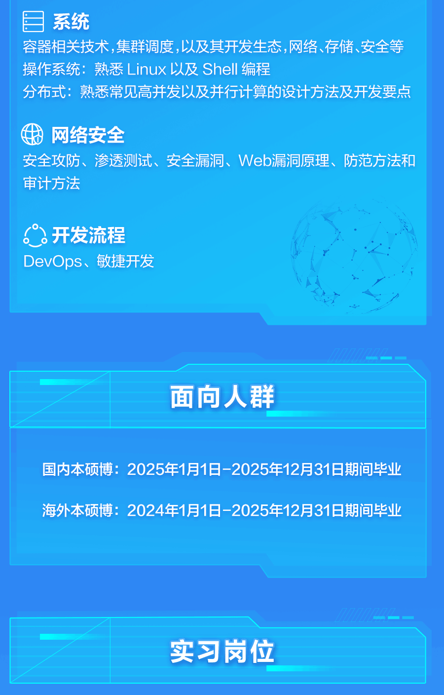 <p>系统</p>
<p>容器相关技术，集群调度，以及其开发生态，网络、存储、安全等<br/>操作系统:熟悉 Linux 以及 Shell 编程</p>
<p>分布式:熟悉常见高并发以及并行计算的设计方法及开发要点</p>
<p>网络安全</p>
<p>安全攻防、渗透测试、安全漏洞、Web漏洞原理、防范方法和<br/>审计方法</p>
<p>0<br/>°。开发流程<br/>DevOps、敏捷开发</p>
<p>面向人群</p>
<p>国内本硕博:2025年1月1日-2025年12月31日期间毕业<br/>海外本硕博:2024年1月1日-2025年12月31日期间毕业</p>
<p>实习岗位</p>
