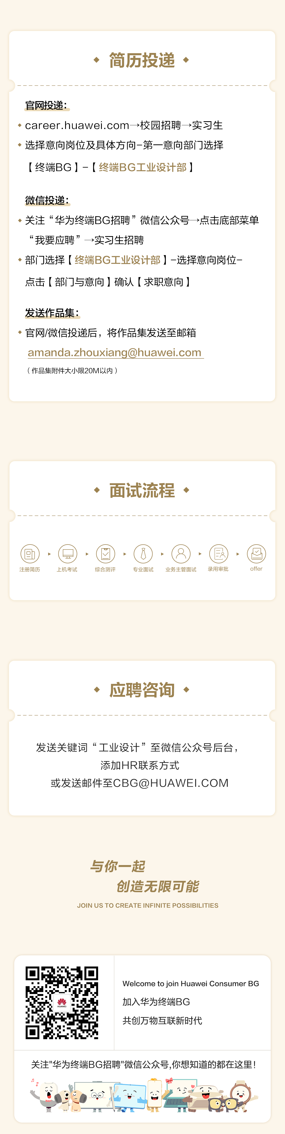 <p>简历投递</p>
<p>官网投递:</p>
<p>career.huawei.com→>校园招聘→>实习生<br/>选择意向岗位及具体方向-第一意向部门选择<br/>[终端BG]-[终端BG工业设计部]</p>
<p>微信投递:</p>
<p>关注“华为终端BG招聘”微信公众号→点击底部菜单<br/>“我要应聘”→实习生招聘</p>
<p>部门选择[终端BG工业设计部]-选择意向岗位-<br/>点击[部门与意向]确认[求职意向]</p>
<p>发送作品集:</p>
<p>官网/微信投递后，将作品集发送至邮箱<br/>amanda.zhouxiang@huawei.com<br/>(作品集附件大小限20M以内)</p>
<p>、面试流程、</p>
<p>口</p>
<p>注册简历</p>
<p>上机考试</p>
<p>综合测评</p>
<p>专业面试</p>
<p>(8)<br/>(E<br/>78<br/>业务主管面试<br/>录用审批</p>
<p>offer</p>
<p>应聘咨询</p>
<p>发送关键词“工业设计”至微信公众号后台，</p>
<p>添加HR联系方式</p>
<p>或发送邮件至CBG@HUAWEI.COM</p>
<p>与你一起</p>
<p>创造无限可能</p>
<p>JOIN US TO CREATE INFINITE POSSIBILITIES</p>
<p>HUAWEI</p>
<p>Welcome to join Huawei Consumer BG<br/>加入华为终端BG</p>
<p>共创万物互联新时代</p>
<p>关注"华为终端BG招聘"微信公众号,你想知道的都在这里!</p>
