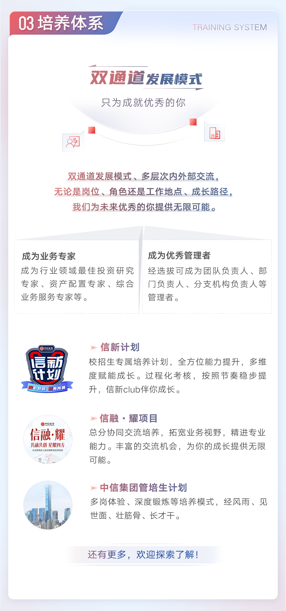 <p>03培养体系</p>
<p>TRAINING SYSTEM</p>
<p>双通道发展模式<br/>只为成就优秀的你</p>
<p>7</p>
<p>AF</p>
<p>双通道发展模式、多层次内外部交流,<br/>无论是岗位、角色还是工作地点、成长路径,</p>
<p>我们为未来优秀的你提供无限可能。</p>
<p>成为业务专家</p>
<p>成为优秀管理者</p>
<p>成为行业领域最佳投资研究经选拔可成为团队负责人、部<br/>专家、资产配置专家、综合门负责人、分支机构负责人等<br/>业务服务专家等。</p>
<p>管理者。</p>
<p>言新</p>
<p>计划<br/>信必致远新有所属</p>
<p>信新计划</p>
<p>校招生专属培养计划,全方位能力提升,多维<br/>度赋能成长。过程化考核,按照节奏稳步提<br/>升,信新club伴你成长。</p>
<p>中信证<br/>信融.耀<br/>共融共创 星耀四方<br/>分支机构员工赴总部轮岗交流项</p>
<p>信融·耀项目</p>
<p>总分协同交流培养,拓宽业务视野,精进专业<br/>能力。丰富的交流机会,为你的成长提供无限<br/>可能。</p>
<p>中信集团管培生计划</p>
<p>多岗体验、深度锻炼等培养模式,经风雨、见<br/>世面、壮筋骨、长才干。</p>
<p>还有更多,欢迎探索了解!</p>