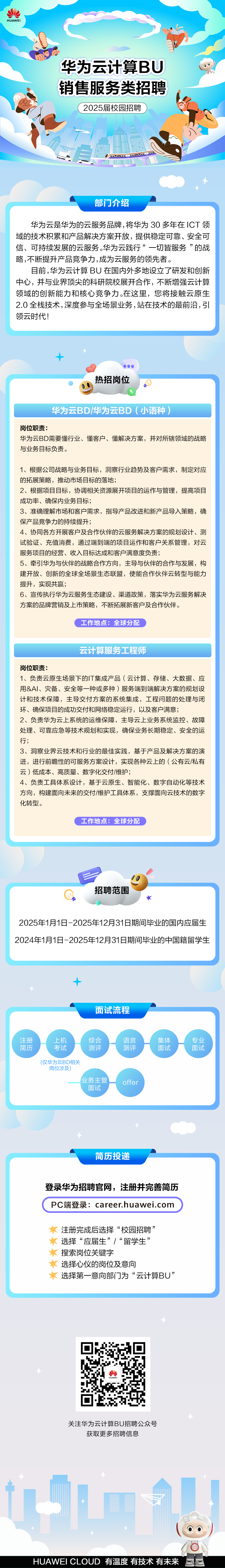 <p>HUAWEI</p>
<p>华为云计算BU<br/>销售服务类招聘<br/>2025届校园招聘</p>
<p>部门介绍</p>
<p>华为云是华为的云服务品牌，将华为30多年在ICT领<br/>域的技术积累和产品解决方案开放，提供稳定可靠、安全可<br/>信、可持续发展的云服务。华为云践行“一切皆服务”的战<br/>略,不断提升产品竞争力,成为云服务的领先者。</p>
<p>目前,华为云计算BU在国内外多地设立了研发和创新<br/>中心，并与业界顶尖的科研院校展开合作，不断增强云计算<br/>领域的创新能力和核心竞争力。在这里，您将接触云原生<br/>2.0全栈技术,深度参与全场景业务，站在技术的最前沿,引<br/>领云时代!</p>
<p>热招岗位</p>
<p> </p>
<p>华为云BD/华为云BD(小语种)</p>
<p>岗位职责:</p>
<p>华为云BD需要懂行业、懂客户、懂解决方案，并对所辖领域的战略<br/>与业务目标负责。</p>
<p>1、根据公司战略与业务目标，洞察行业趋势及客户需求，制定对应<br/>的拓展策略，推动市场目标的落地;</p>
<p>2、根据项目目标，协调相关资源展开项目的运作与管理，提高项目<br/>成功率、确保内业务目标;</p>
<p>3、准确理解市场和客户需求，指导产品改进和新产品导入策略，确<br/>保产品竞争力的持续提升;</p>
<p>4、协同各方开展客户及合作伙伴的云服务解决方案的规划设计、测<br/>试验证、充值消费，通过端到端的项目运作和客户关系管理，对云<br/>服务项目的经营、收入目标达成和客户满意度负责;</p>
<p>5、牵引华为与伙伴的战略合作方向，主导与伙伴的合作与发展，构<br/>建开放、创新的全球全场景生态联盟，使能合作伙伴云转型与能力<br/>提升，实现共赢;</p>
<p>6、宣传执行华为云服务生态建设、渠道政策，落实华为云服务解决<br/>方案的品牌营销及上市策略，不断拓展新客户及合作伙伴。</p>
<p>工作地点:全球分配</p>
<p>云计算服务工程师</p>
<p>岗位职责:</p>
<p>1、负责云原生场景下的IT集成产品(云计算、存储、大数据、应<br/>用&AI、灾备、安全等一种或多种)服务端到端解决方案的规划设<br/>计和技术保障，主导交付方案的系统集成，工程问题的处理与闭<br/>环、确保项目的成功交付和网络稳定运行，以及客户满意;</p>
<p>2、负责华为云上系统的运维保障，主导云上业务系统监控、故障<br/>处理、可靠应急等技术规划和实现，确保业务长期稳定、安全的运<br/>行;</p>
<p>3、洞察业界云技术和行业的最佳实践，基于产品及解决方案的演<br/>进，进行前瞻性的可服务方案设计，实现各种云上的(公有云/私有<br/>云)低成本、高质量、数字化交付/维护;</p>
<p>4、负责工具体系设计，基于云原生、智能化、数字自动化等技术<br/>方向，构建面向未来的交付/维护工具体系，支撑面向云技术的数字<br/>化转型。</p>
<p>工作地点:全球分配</p>
<p>招聘范围</p>
<p>2025年1月1日-2025年12月31日期间毕业的国内应届生<br/>2024年1月1日-2025年12月31日期间毕业的中国籍留学生</p>
<p>面试流程</p>
<p>注册</p>
<p>简历</p>
<p>上机</p>
<p>考试</p>
<p>综合</p>
<p>测评</p>
<p>语言</p>
<p>测评</p>
<p>集体</p>
<p>面试</p>
<p>专业</p>
<p>面试</p>
<p>(仅华为云BD相关</p>
<p>岗位涉及</p>
<p>业务主管</p>
<p>面试</p>
<p>offer</p>
<p>简历投递</p>
<p>登录华为招聘官网，注册并完善简历<br/>PC端登录:career.huawei.com</p>
<p>注册完成后选择“校园招聘”<br/>选择“应届生”/“留学生”<br/>搜索岗位关键字</p>
<p>选择心仪的岗位及意向</p>
<p>选择第一意向部门为“云计算BU”</p>
<p>HUAWE</p>
<p>关注华为云计算BU招聘公众号</p>
<p>获取更多招聘信息</p>
<p>HUAWEI CLOUD 有温度 有技术 有未来</p>
