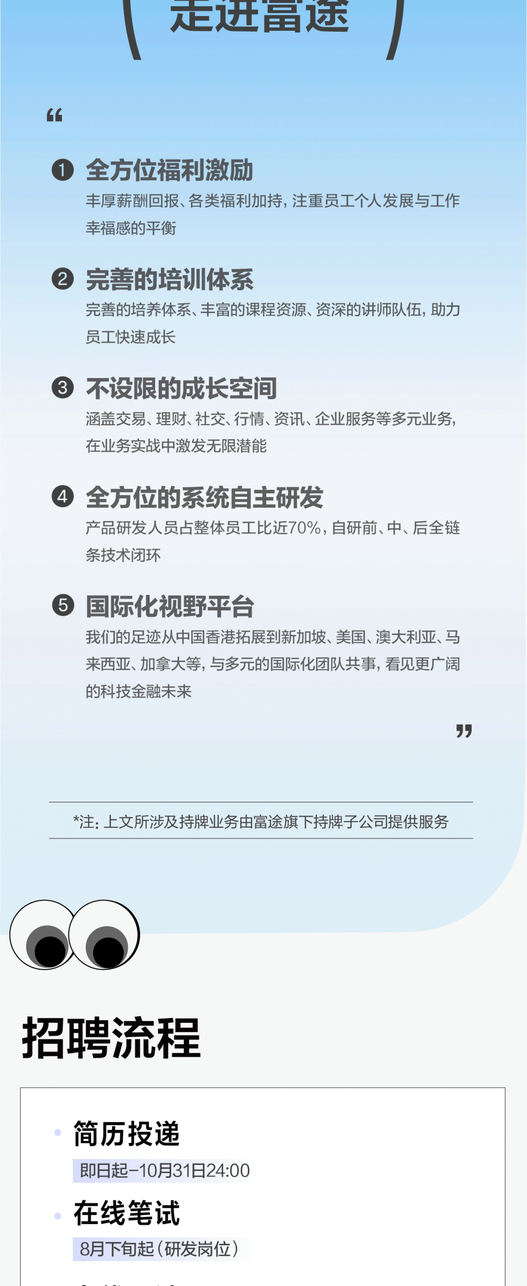 走进量途\\n全方位福利激励\\n丰厚薪酬回报、各类福利加持，注重员工个人发展与工作\\n幸福感的平衡\\n完善的培训体系\\n完善的培养体系、丰富的课程资源、资深的讲师队伍，助力\\n员工快速成长\\n不设限的成长空间\\n涵盖交易、理财、社交、行情、资讯、企业服务等多元业务，\\n在业务实战中激发无限潜能\\n全方位的系统自主研发\\n产品研发人员占整体员工比近70%,自研前、中、后全链\\n条技术闭环\\n国际化视野平台\\n我们的足迹从中国香港拓展到新加坡、美国、澳大利亚、马\\n来西亚、加拿大等，与多元的国际化团队共事，看见更广阔\\n的科技金融未来\\n”\\n*注:上文所涉及持牌业务由富途旗下持牌子公司提供服务\\n招聘流程\\n简历投递\\n即日起-10月31日24:00\\n在线笔试\\n8月下旬起(研发岗位)\\n