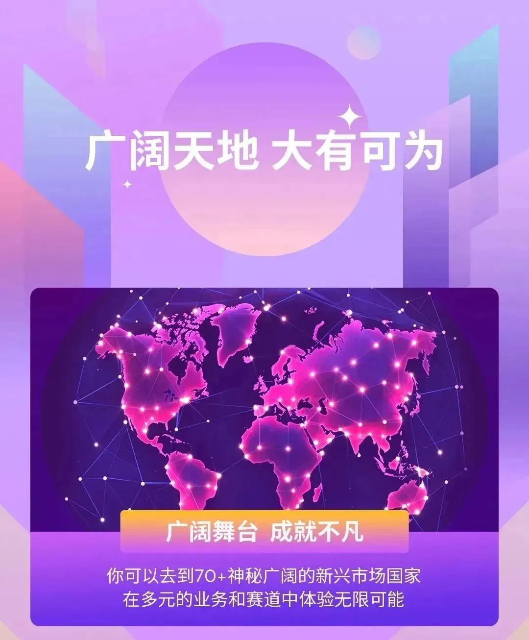 <p>广阔天地大有可为</p>
<p>广阔舞台成就不凡</p>
<p>你可以去到70+神秘广阔的新兴市场国家</p>
<p>在多元的业务和赛道中体验无限可能</p>
