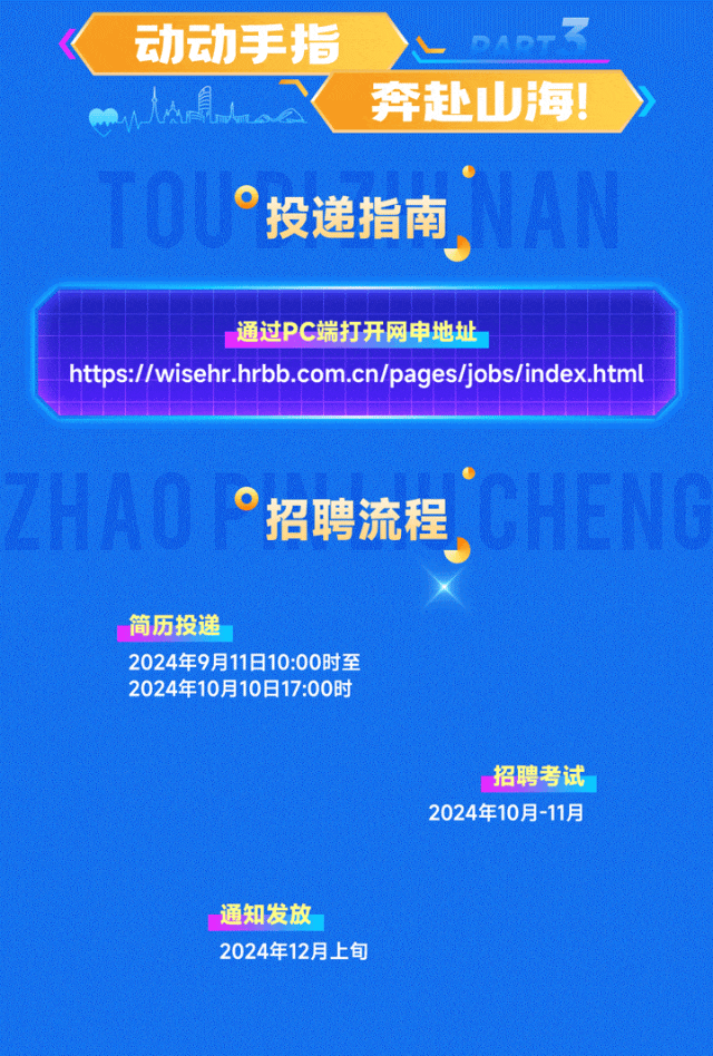 <p>动动手指</p>
<p>奔赴山海!</p>
<p>C</p>
<p>投递指南</p>
<p>通过PC端打开网申地址</p>
<p>https://wisehr.hrbb.com.cn/pages/jobs/index.htmt</p>
<p>0<br/>招聘流程</p>
<p>简历投递</p>
<p>2024年9月11日10:00时至<br/>2024年10月10日17:00时</p>
<p>招聘考试<br/>2024年10月-11月</p>
<p>通知发放</p>
<p>2024年12月上旬</p>

