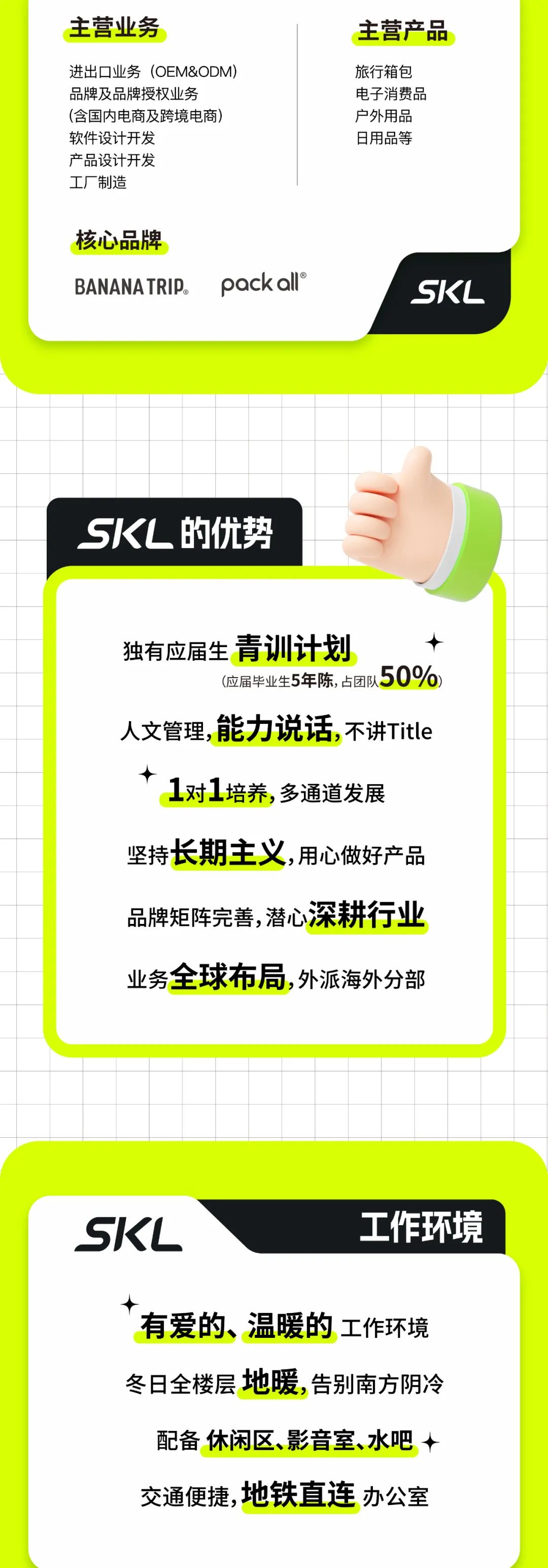<p>主营业务</p>
<p>进出口业务(OEM&ODM)<br/>品牌及品牌授权业务</p>
<p>(含国内电商及跨境电商)<br/>软件设计开发</p>
<p>产品设计开发</p>
<p>工厂制造</p>
<p>主营产品<br/>旅行箱包</p>
<p>电子消费品<br/>户外用品<br/>日用品等</p>
<p>核心品牌<br/>BANANATRIP。</p>
<p>packall\'</p>
<p>SKL</p>
<p>SKL的优势</p>
<p>独有应届生青训计划</p>
<p>(应届毕业生5年陈,占团队50%)</p>
<p>人文管理，能力说话,不讲Title</p>
<p>1对1培养,多通道发展<br/>坚持长期主义,用心做好产品<br/>品牌矩阵完善,潜心深耕行业<br/>业务全球布局,外派海外分部</p>
<p>SKL</p>
<p>工作环境</p>
<p>有爱的、温暖的工作环境<br/>冬日全楼层地暖,告别南方阴冷</p>
<p>配备休闲区、影音室、水吧<br/>交通便捷,地铁直连办公室</p>

