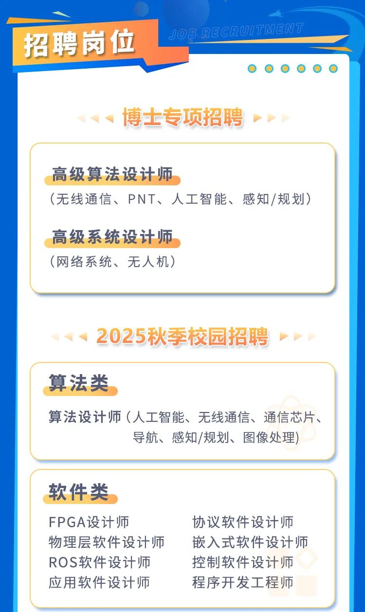 <p>招聘岗位</p>
<p> </p>
<p>博士专项招聘</p>
<p>高级算法设计师</p>
<p>(无线通信、PNT、人工智能、感知/规划)</p>
<p>高级系统设计师<br/>(网络系统、无人机)</p>
<p>2025秋季校园招聘</p>
<p>算法类</p>
<p>算法设计师(人工智能、无线通信、通信芯片、</p>
<p>导航、感知/规划、图像处理</p>
<p>软件类<br/>FPGA设计师</p>
<p>物理层软件设计师<br/>ROS软件设计师<br/>应用软件设计师</p>
<p>协议软件设计师<br/>嵌入式软件设计师<br/>控制软件设计师<br/>程序开发工程师</p>
