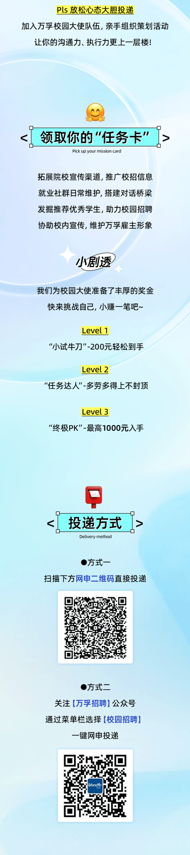 <p>Pls放松心态大胆投递</p>
<p>加入万孚校园大使队伍,亲手组织策划活动</p>
<p>让你的沟通力、执行力更上-层楼!</p>

<table>
<tr><td colspan="3">领取你的“任务卡”></td>
</tr>
<tr><td colspan="3">Pick up your mission card拓展院校宣传渠道,推广校招信息就业社群日常维护,搭建对话桥梁发掘推荐优秀学生,助力校园招聘协助校内宣传,维护万孚雇主形象小剧透我们为校园大使准备了丰厚的奖金快来挑战自己,小赚-笔吧~Level 1“小试牛刀"-200元轻松到手Level2“任务达人"-多劳多得上不封顶Level 3“终极PK"-最高1000元入手☐< 投递方式>0Delivery methodC方式一扫描下方网申二维码直接投递</td>
</tr>
<tr><td></td>
<td>回 ☐g回</td>
<td></td>
</tr>
<tr><td colspan="3">(方式二关注[万孚招聘]公众号通过菜单栏选择[校园招聘]一键网申投递</td>
</tr>
<tr><td></td>
<td>☐、Vondfo日q中</td>
<td></td>
</tr>
</table>
