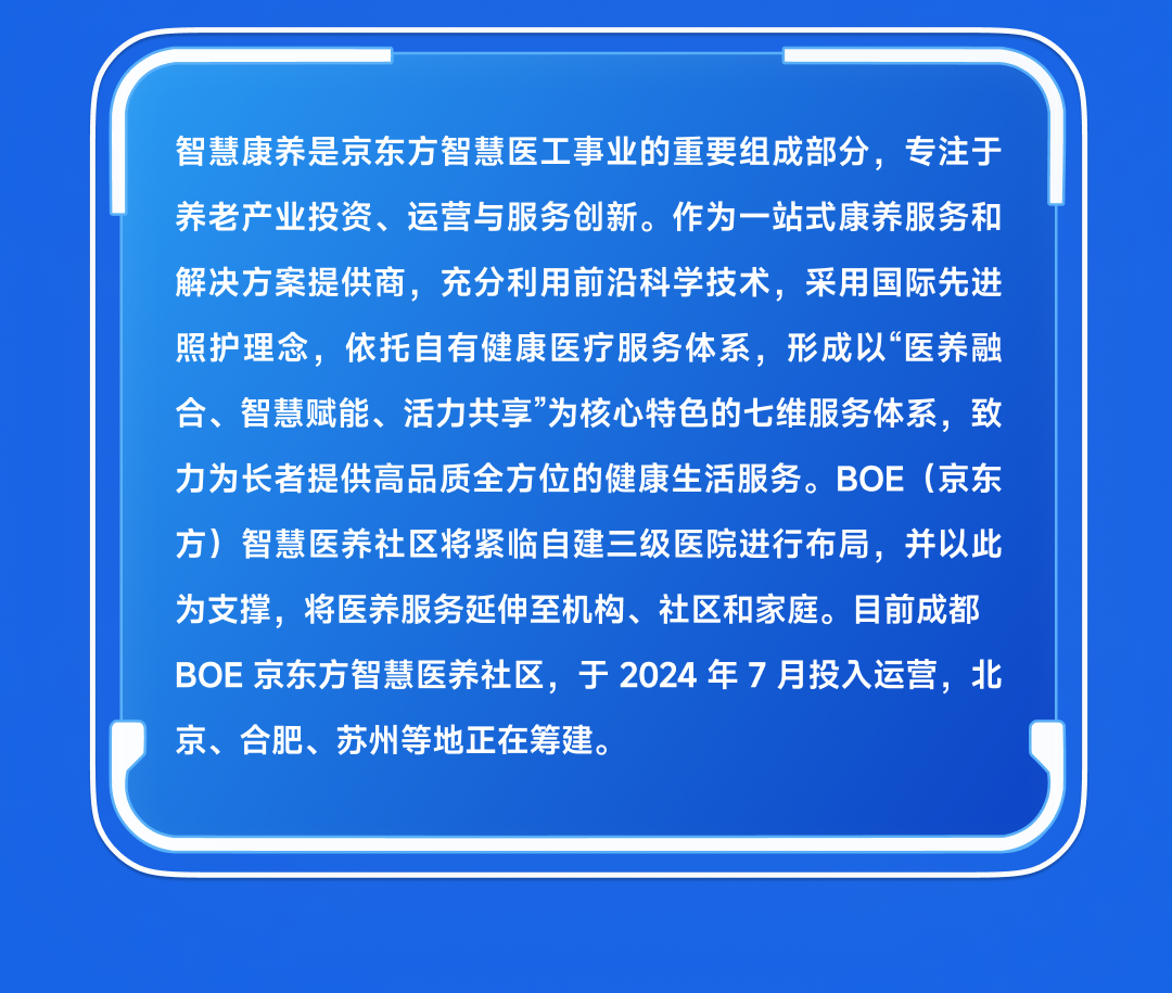<p>智慧康养是京东方智慧医工事业的重要组成部分，专注于<br/>养老产业投资、运营与服务创新。作为一站式康养服务和<br/>解决方案提供商，充分利用前沿科学技术，采用国际先进<br/>照护理念，依托自有健康医疗服务体系，形成以“医养融<br/>合、智慧赋能、活力共享”为核心特色的七维服务体系，致<br/>力为长者提供高品质全方位的健康生活服务。BOE(京东<br/>方)智慧医养社区将紧临自建三级医院进行布局，并以此<br/>为支撑，将医养服务延伸至机构、社区和家庭。目前成都<br/>BOE京东方智慧医养社区，于2024 年7月投入运营，北<br/>京、合肥、苏州等地正在筹建。</p>
