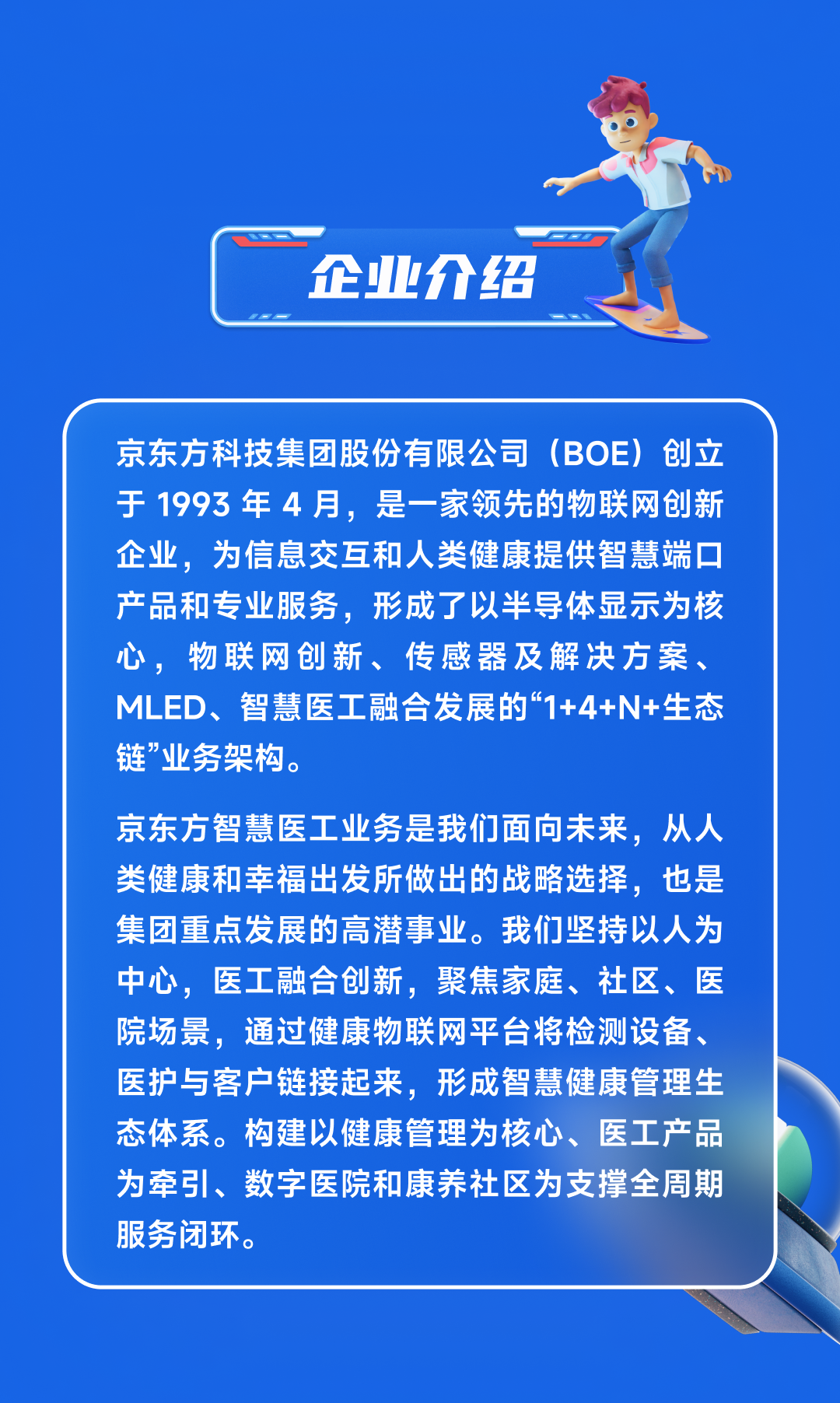 <p>D一</p>
<p>企业介绍</p>
<p>京东方科技集团股份有限公司(BOE)创立</p>
<p>于1993年4月,是一家领先的物联网创新</p>
<p>企业,为信息交互和人类健康提供智慧端☐</p>
<p>产品和专业服务,形成了以半导体显示为核</p>
<p>心,物联网创新、传感器及解决方案、</p>
<p>MLED、智慧医工融合发展的“1+4+N+生态</p>
<p>链”业务架构。</p>
<p>京东方智慧医工业务是我们面向未来,从人</p>
<p>类健康和幸福出发所做出的战略选择,也是</p>
<p>集团重点发展的高潜事业。我们坚持以人为</p>
<p>中心,医工融合创新,聚焦家庭、社区、医</p>
<p>院场景,通过健康物联网平台将检测设备、</p>
<p>医护与客户链接起来,形成智慧健康管理生</p>
<p>态体系。构建以健康管理为核心、医工产品</p>
<p>为牵引、数字医院和康养社区为支撑全周期</p>
<p>服务闭环。</p>

