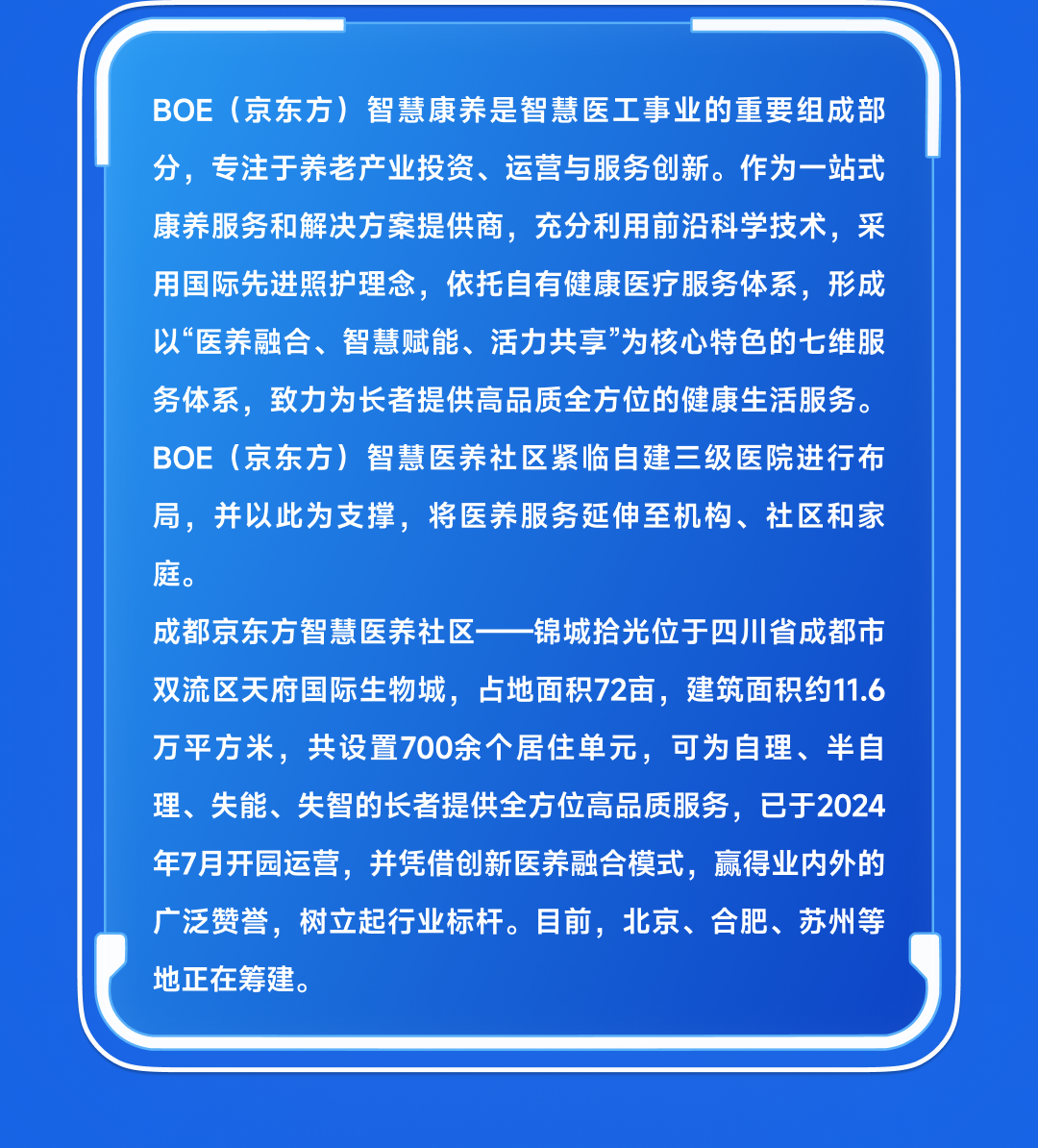 <table>
<tr><td></td>
</tr>
<tr><td>BOE (京东方)智慧康养是智慧医工事业的重要组成部分,专注于养老产业投资、运营与服务创新。作为一站式康养服务和解决方案提供商,充分利用前沿科学技术,采用国际先进照护理念,依托自有健康医疗服务体系,形成以“医养融合、智慧赋能、活力共享”为核心特色的七维服务体系,致力为长者提供高品质全方位的健康生活服务。BOE (京东方)智慧医养社区紧临自建三级医院进行布局,并以此为支撑,将医养服务延伸至机构、社区和家庭。成都京东方智慧医养社区一锦城拾 光位于四川省成都市双流区天府国际生物城,占地面积72亩,建筑面积约11.6万平方米,共设置700余个居住单元,可为自理、半自理、失能、失智的长者提供全方位高品质服务,已于2024年7月开园运营, 并凭借创新医养融合模式,赢得业内外的广泛赞誉,树立起行业标杆。目前,北京、合肥、苏州等地正在筹建。</td>
</tr>
<tr><td></td>
</tr>
<tr><td></td>
</tr>
</table>