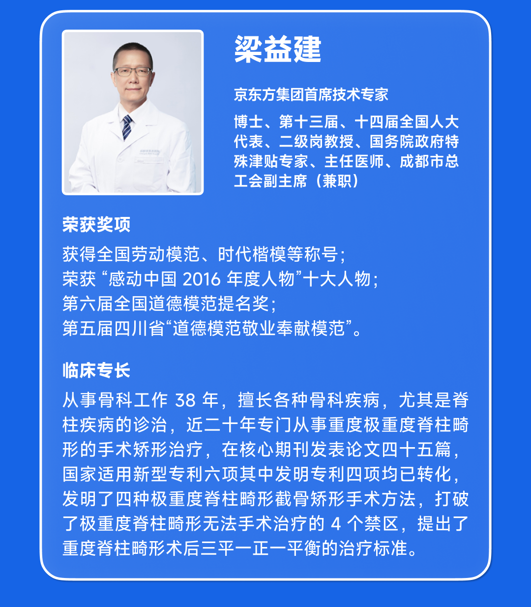 <p>梁益建</p>
<p>京东方集团首席技术专家</p>
<p>博士、第十三届、十四届全国人大<br/>代表、二级岗教授、国务院政府特<br/>殊津贴专家、主任医师、成都市总<br/>工会副主席(兼职)</p>
<p>荣获奖项</p>
<p>获得全国劳动模范、时代楷模等称号;</p>
<p>荣获“感动中国2016年度人物”十大人物;<br/>第六届全国道德模范提名奖;</p>
<p>第五届四川省“道德模范敬业奉献模范”。</p>
<p>临床专长</p>
<p>从事骨科工作38年,擅长各种骨科疾病,尤其是脊<br/>柱疾病的诊治,近二十年专门从事重度极重度脊柱畸<br/>形的手术矫形治疗,在核心期刊发表论文四十五篇,<br/>国家适用新型专利六项其中发明专利四项均已转化<br/>发明了四种极重度脊柱畸形截骨矫形手术方法,打破<br/>了极重度脊柱畸形无法手术治疗的4个禁区,提出了<br/>重度脊柱畸形术后三平一正-平衡的治疗标准。</p>
