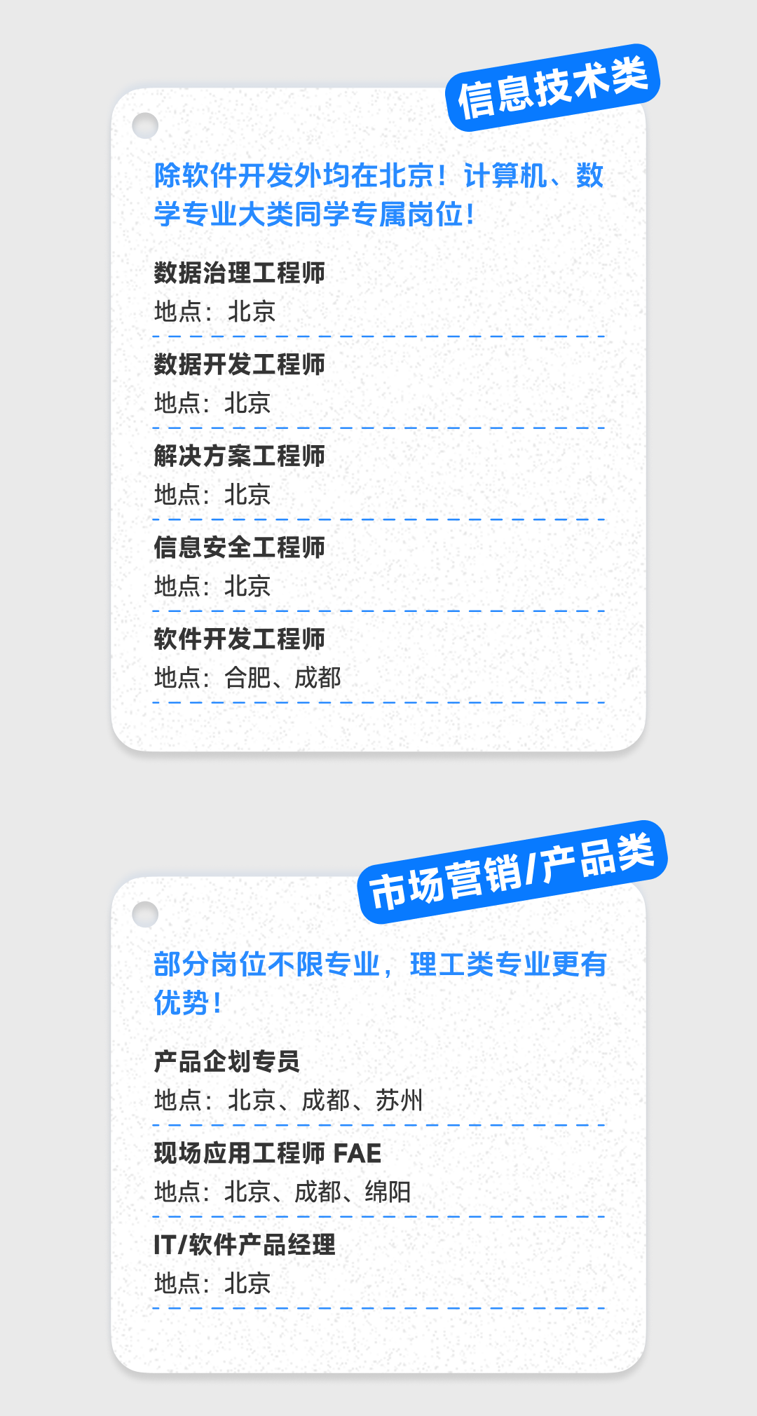 <p>信息技术类</p>
<p>除软件开发外均在北京!计算机、数<br/>学专业大类同学专属岗位!</p>
<p>数据治理工程师</p>
<p>地点:北京</p>
<p>数据开发工程师</p>
<p>地点:北京</p>
<p>解决方案工程师</p>
<p>地点:北京</p>
<p>信息安全工程师</p>
<p>地点:北京</p>
<p>软件开发工程师</p>
<p>地点:合肥、成都</p>
<p>市场营销/产品类</p>
<p>部分岗位不限专业，理工类专业更有<br/>优势!</p>
<p>产品企划专员</p>
<p>地点:北京、成都、苏州<br/>现场应用工程师 FAE<br/>地点:北京、成都、绵阳<br/>IT/软件产品经理</p>
<p>地点:北京</p>

