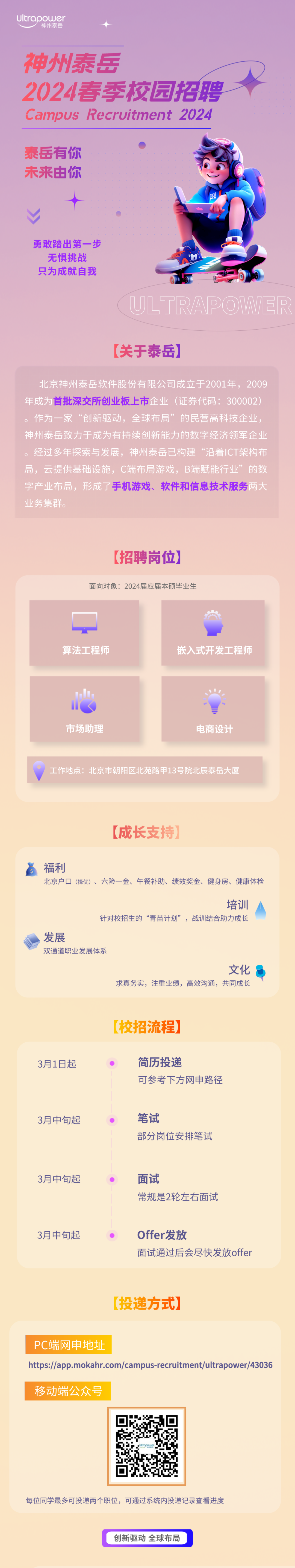 <p>ultrapower</p>
<p>神州泰岳</p>
<p>神州泰岳</p>
<p>2024春季校园招聘<br/>CampUs<br/>Recruitment 2024</p>
<p>泰岳有你<br/>未来由你</p>
<p>爸</p>
<p>勇敢踏出第一步</p>
<p>无惧挑战<br/>只为成就自我</p>
<p>ULTRAPOWER</p>
<p>[关于泰岳]</p>
<p>北京神州泰岳软件股份有限公司成立于2001年，2009<br/>年成为首批深交所创业板上市企业(证券代码:300002)<br/>。作为一家“创新驱动，全球布局”的民营高科技企业，<br/>神州泰岳致力于成为有持续创新能力的数字经济领军企业<br/>。经过多年探索与发展，神州泰岳已构建“沿着ICT架构布<br/>局，云提供基础设施，C端布局游戏，B端赋能行业”的数<br/>字产业布局，形成了手机游戏、软件和信息技术服务两大<br/>业务集群。</p>
<p>招聘岗位]<br/>面向对象:2024届应届本硕毕业生</p>
<p>算法工程师</p>
<p>嵌入式开发工程师</p>
<p>市场助理</p>
<p>电商设计</p>
<p>工作地点:北京市朝阳区北苑路甲13号院北辰泰岳大厦</p>
<p>[成长支持)</p>
<p>福利</p>
<p>北京户口(择优)、六险一金、午餐补助、绩效奖金、健身房、健康体检</p>
<p>培训</p>
<p>针对校招生的“青苗计划”，战训结合助力成长</p>
<p>发展</p>
<p>双通道职业发展体系</p>
<p>文化</p>
<p>求真务实，注重业绩，高效沟通，共同成长</p>
<p>[校招流程</p>
<p>3月1日起</p>
<p>简历投递</p>
<p>可参考下方网申路径</p>
<p>3月中旬起</p>
<p>笔试</p>
<p>部分岗位安排笔试</p>
<p>3月中旬起</p>
<p>面试</p>
<p>常规是2轮左右面试</p>
<p>3月中旬起</p>
<p>Offer发放</p>
<p>面试通过后会尽快发放offer</p>
<p>(投递方式)</p>
<p>PC端网申地址</p>
<p>https://app.mokahr.com/campus-recruitment/ultrapower/43036</p>
<p>移动端公众号</p>
<p>每位同学最多可投递两个职位，可通过系统内投递记录查看进度</p>
<p>创新驱动全球布局</p>
