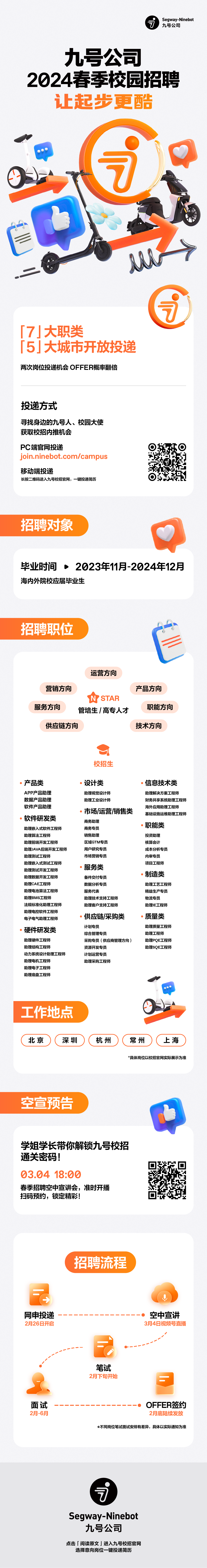 <p>Segway-Ninebot<br/>九号公司</p>
<p>九号公司</p>
<p>2024春季校园招聘</p>
<p>让起步更酷</p>
<p> </p>
<p>「7」大职类</p>
<p>「5」大城市开放投递<br/>两次岗位投递机会OFFER概率翻倍</p>
<p>投递方式</p>
<p>寻找身边的九号人、校园大使<br/>获取校招内推机会</p>
<p>PC端官网投递</p>
<p>join.ninebot.com/campus</p>
<p>移动端投递</p>
<p>长按二维码进入九号校招官网，一键投递简历</p>
<p>招聘对象</p>
<p>毕业时间2023年11月-2024年12月<br/>海内外院校应届毕业生</p>
<p>招聘职位</p>
<p> </p>
<p>运营方向</p>
<p>营销方向<br/>服务方向</p>
<p>N STAR<br/>管培生/高专人才</p>
<p>产品方向</p>
<p>职能方向</p>
<p>供应链方向</p>
<p>技术方向</p>
<p>校招生</p>
<p>产品类</p>
<p>APP产品助理<br/>数据产品助理<br/>软件产品助理<br/>软件研发类<br/>助理嵌入式软件工程师<br/>助理算法工程师</p>
<p>助理前端开发工程师</p>
<p>助理JAVA后端开发工程师<br/>助理测试工程师</p>
<p>助理嵌入式测试工程师<br/>助理测试开发工程师<br/>助理数据开发工程师<br/>助理CAE工程师</p>
<p>助理电池算法工程师</p>
<p>助理BMS工程师</p>
<p>法规标准化助理工程师<br/>助理电控软件工程师<br/>电子电气助理工程师<br/>硬件研发类<br/>助理硬件工程师</p>
<p>助理结构工程师</p>
<p>动力系统设计助理工程师<br/>助理电机工程师</p>
<p>助理电子工程师</p>
<p>助理底盘工程师</p>
<p>设计类</p>
<p>助理视觉设计师</p>
<p>助理工业设计师</p>
<p>市场/运营/销售类<br/>商务助理</p>
<p>商务专员</p>
<p>销售助理</p>
<p>区域GTM专员</p>
<p>用户研究专员</p>
<p>市场营销专员</p>
<p>服务类</p>
<p>备件交付专员</p>
<p>数据分析专员</p>
<p>服务代表</p>
<p>助理技术支持工程师</p>
<p>助理客户支持工程师<br/>供应链/采购类<br/>计划专员</p>
<p>综合管理专员</p>
<p>采购专员(供应商管理方向)<br/>资源开发专员</p>
<p>计划运营专员</p>
<p>助理采购工程师</p>
<p>信息技术类<br/>助理解决方案工程师<br/>财务共享系统助理工程师<br/>海外应用助理工程师</p>
<p>基础设施运维助理工程师<br/>职能类</p>
<p>投资助理</p>
<p>核算会计</p>
<p>成本分析专员</p>
<p>内审专员</p>
<p>项目工程师</p>
<p>制造类</p>
<p>助理工艺工程师</p>
<p>精益生产专员</p>
<p>物流专员</p>
<p>助理E工程师</p>
<p>质量类</p>
<p>助理质量工程师</p>
<p>助理工程师</p>
<p>助理PQE工程师</p>
<p>助理SQE工程师</p>
<p>工作地点</p>
<p>北京</p>
<p>深圳</p>
<p>杭州</p>
<p>常州</p>
<p>上海</p>
<p>*具体岗位以校招官网实际展示为准</p>
<p>空宣预告</p>
<p>学姐学长带你解锁九号校招<br/>通关密码!</p>
<p>03.04 18:00</p>
<p>春季招聘空中宣讲会，准时开播<br/>扫码预约，锁定精彩!</p>
<p>招聘流程</p>
<p>网申投递<br/>2月26日开启</p>
<p>空中宣讲<br/>3月4日视频号直播</p>
<p>笔试<br/>2月下旬开始</p>
<p>面试</p>
<p>2月-6月</p>
<p>OFFER签约<br/>2月底陆续发放</p>
<p>*不同岗位笔试面试安排有差异，具体以实际通知为准</p>
<p>Segway-Ninebot<br/>九号公司</p>
<p>点击「阅读原文」进入九号校招官网<br/>选择意向岗位一键投递简历</p>
