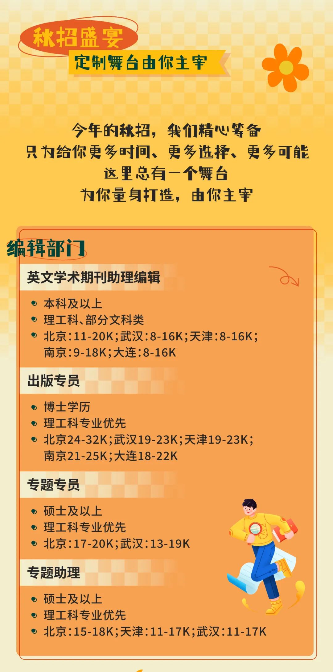 <p>秋招盛宴</p>
<p>定制舞台由你主宰</p>
<p>今年的秋招，我们精心筹备</p>
<p>只为给你更多时间、更多选择、更多可能</p>
<p>这里总有一个舞台</p>
<p>为你量身打造，由你主宰</p>
<p>编辑部门</p>
<p>英文学术期刊助理编辑</p>
<p>本科及以上</p>
<p>理工科、部分文科类</p>
<p>北京:11-20K;武汉:8-16K;天津:8-16K;<br/>南京:9-18K;大连:8-16K</p>
<p>出版专员</p>
<p>博士学历</p>
<p>理工科专业优先</p>
<p>北京24-32K;武汉19-23K;天津19-23K;<br/>南京21-25K;大连18-22K</p>
<p>专题专员</p>
<p>硕士及以上</p>
<p>理工科专业优先</p>
<p>北京:17-20K;武汉:13-19K</p>
<p>专题助理</p>
<p>硕士及以上</p>
<p>理工科专业优先</p>
<p>北京:15-18K;天津:11-17K;武汉:11-17K</p>
