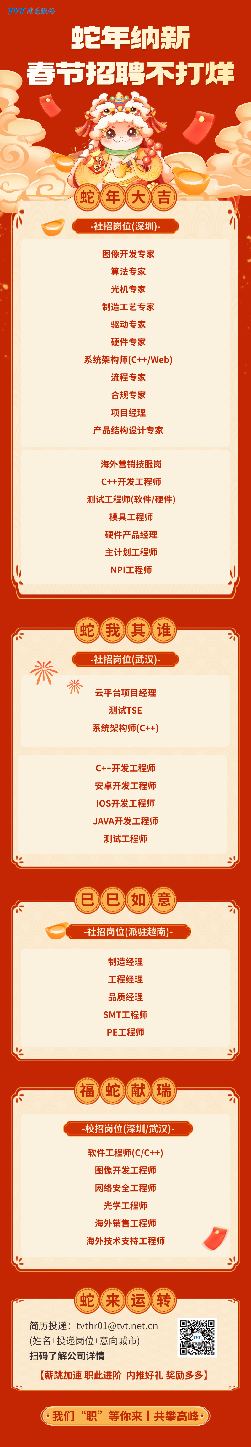 <p>TVT同为股修</p>
<p>蛇年纳新</p>
<p>春节招聘不打烊</p>
<p>人品</p>
<p>脸</p>
<p>(蛇年)大)吉)</p>
<p>-社招岗位(深圳)-</p>
<p>图像开发专家</p>
<p>算法专家</p>
<p>光机专家</p>
<p>制造工艺专家</p>
<p>驱动专家</p>
<p>硬件专家</p>
<p>系统架构师(C++/Web)</p>
<p>流程专家</p>
<p>合规专家</p>
<p>项目经理</p>
<p>产品结构设计专家</p>
<p>海外营销技服岗</p>
<p>C++开发工程师</p>
<p>测试工程师(软件/硬件)</p>
<p>模具工程师</p>
<p>硬件产品经理</p>
<p>主计划工程师</p>
<p>NPI工程师</p>
<p>蛇我其谁</p>
<p>市</p>
<p>-社招岗位(武汉)-</p>
<p>米</p>
<p>脊</p>
<p>云平台项目经理</p>
<p>测试TSE</p>
<p>系统架构师(C++)</p>
<p>C++开发工程师</p>
<p>安卓开发工程师</p>
<p>IOS开发工程师</p>
<p>JAVA开发工程师</p>
<p>测试工程师</p>
<p>4</p>
<p>大e如意V汤</p>
<p>-社招岗位(派驻越南)-</p>
<p>制造经理</p>
<p>工程经理</p>
<p>品质经理</p>
<p>SMT工程师</p>
<p>PE工程师</p>
<p>4斗</p>
<p>福蛇献瑞</p>
<p>卡才</p>
<p>-校招岗位(深圳/武汉)-</p>
<p>软件工程师(C/C++)</p>
<p>图像开发工程师</p>
<p>网络安全工程师</p>
<p>光学工程师</p>
<p>海外销售工程师</p>
<p>海外技术支持工程师</p>
<p>蛇来运转</p>
<p>简历投递: tvthr01@tvt.net.cn</p>
<p>(姓名+投递岗位+意向城市)</p>
<p>扫码了解公司详情</p>
<p>[薪跳加速职此进阶内推好礼奖励多多]</p>
<p>我们&ldquo;职&rdquo;等你来1共攀高峰。</p>
