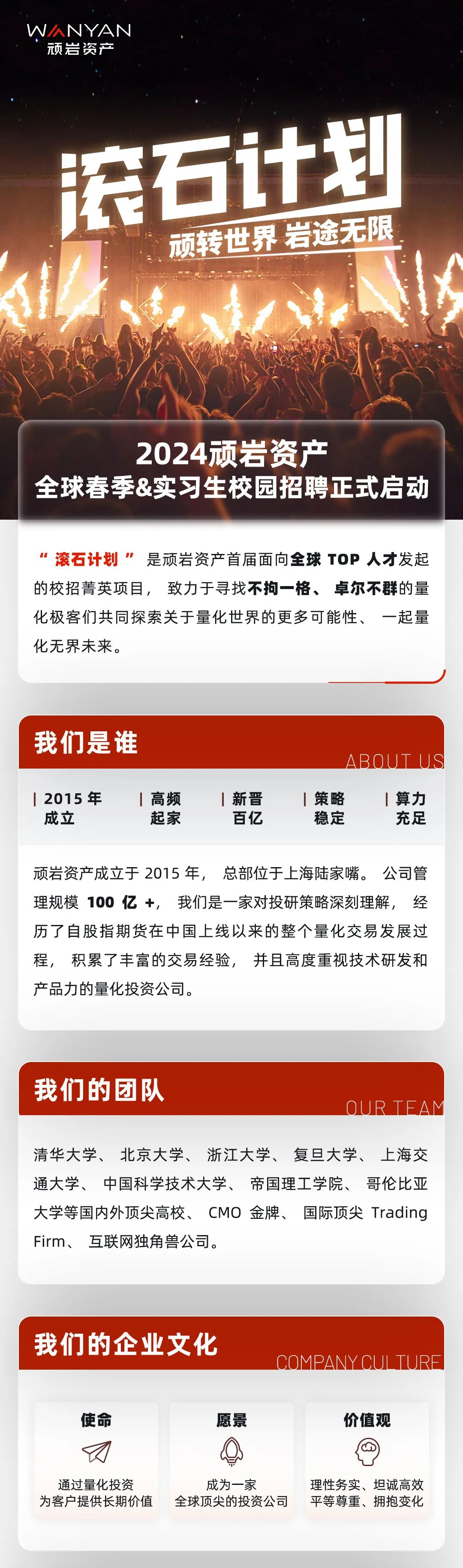 <p>WANYAN</p>
<p>顽岩资产</p>
<p>滚石计划</p>
<p>顽转世界岩途无限</p>
<p>2024顽岩资产</p>
<p>全球春季&实习生校园招聘正式启动</p>
<p>&ldquo;滚石计划&rdquo;是顽岩资产首届面向全球TOP人才发起<br/>的校招菁英项目，致力于寻找不拘一格、卓尔不群的量<br/>化极客们共同探索关于量化世界的更多可能性、一起量<br/>化无界未来。</p>
<p>我们是谁</p>
<p>ABOUTUS</p>
<p>2015年<br/>成立</p>
<p>高频</p>
<p>起家</p>
<p>新晋</p>
<p>百亿</p>
<p>策略</p>
<p>稳定</p>
<p>算力</p>
<p>充足</p>
<p>顽岩资产成立于2015年，总部位于上海陆家嘴。公司管<br/>理规模100亿+，我们是一家对投研策略深刻理解，经<br/>历了自股指期货在中国上线以来的整个量化交易发展过<br/>程，积累了丰富的交易经验，并且高度重视技术研发和<br/>产品力的量化投资公司。</p>
<p>我们的团队</p>
<p>OURTEAM</p>
<p>清华大学、北京大学、<br/>浙江大学、复旦大学、上海交<br/>通大学、中国科学技术大学、帝国理工学院、哥伦比亚<br/>大学等国内外顶尖高校、CMO金牌、国际顶尖Trading<br/>Firm、互联网独角兽公司。</p>
<p>我们的企业文化</p>
<p>使命</p>
<p>愿景</p>
<p>COMPANY CULTURF</p>
<p>价值观</p>
<p>通过量化投资</p>
<p>成为一家</p>
<p>理性务实、坦诚高效</p>
<p>为客户提供长期价值全球顶尖的投资公司平等尊重、拥抱变化</p>
