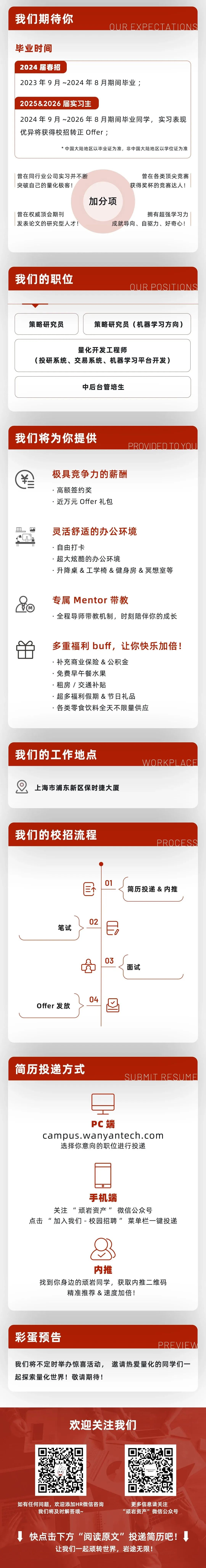 <p>我们期待你</p>
<p>OUREXPECTATIONS</p>
<p>毕业时间</p>
<p>2024届春招</p>
<p>2023年9月~2024年8月期间毕业;</p>
<p>2025&2026届实习生</p>
<p>2024年9月~2026年8月期间毕业同学，实习表现<br/>优异将获得校招转正Offer;</p>
<p>*中国大陆地区以毕业证为准，非中国大陆地区以学位证为准</p>
<p>曾在同行业公司实习并不断</p>
<p>曾在各类顶尖竞赛</p>
<p>突破自己的量化极客!</p>
<p>获得奖杯的竞赛达人!</p>
<p>加分项</p>
<p>曾在权威顶会期刊</p>
<p>拥有超强学习力</p>
<p>发表论文的研究型人才!</p>
<p>成就导向、自驱力、好奇心!</p>
<p>我们的职位</p>
<p>OUR POSITIONS</p>
<p>策略研究员</p>
<p>策略研究员(机器学习方向)</p>
<p>量化开发工程师</p>
<p>(投研系统、交易系统、机器学习平台开发)</p>
<p>中后台管培生</p>
<p>我们将为你提供</p>
<p>PROVIDED TO YOU</p>
<p>极具竞争力的薪酬<br/>高额签约奖</p>
<p>近万元Offer礼包</p>
<p>灵活舒适的办公环境</p>
<p>.自由打卡</p>
<p>超大炫酷的办公环境</p>
<p>.升降桌&工学椅&健身房&冥想室等</p>
<p>专属Mentor带教</p>
<p>全程导师带教机制，时刻陪伴你的成长</p>
<p>多重福利 buff，让你快乐加倍!<br/>补充商业保险&公积金</p>
<p>免费早午餐水果</p>
<p>租房/交通补贴</p>
<p>超多福利假期&节日礼品</p>
<p>各类零食饮料全天不限量供应</p>
<p>我们的工作地点</p>
<p>上海市浦东新区保时捷大厦</p>
<p>WORKPLACF</p>
<p>我们的校招流程</p>
<p>PROCESS</p>
<p>01</p>
<p>简历投递&内推</p>
<p>笔试</p>
<p>02</p>
<p>03</p>
<p>面试</p>
<p>Offer发放</p>
<p>04</p>
<p>简历投递方式</p>
<p>SUBMIT RESUME</p>
<p>PC端</p>
<p>campus.wanyantech.com<br/>选择你意向的职位进行投递</p>
<p>手机端</p>
<p>关注&ldquo;顽岩资产&rdquo;<br/>微信公众号</p>
<p>点击&ldquo;加入我们-校园招聘&rdquo;菜单栏一键投递</p>
<p>内推</p>
<p>找到你身边的顽岩同学，获取内推二维码</p>
<p>精准推荐&速度加倍!</p>
<p>彩蛋预告</p>
<p>PREVIEW</p>
<p>我们将不定时举办惊喜活动，邀请热爱量化的同学们一<br/>起探索量化世界!敬请期待!</p>
<p>欢迎关注我们</p>
<p>如有任何问题，欢迎添加HR微信咨询</p>
<p>我们将及时解答哦~</p>
<p>更多信息请关注</p>
<p>&ldquo;顽岩资产&rdquo;微信公众号</p>
<p>快点击下方&ldquo;阅读原文&rdquo;投递简历吧!</p>
<p>让我们一起顽转世界，岩途无限!</p>
