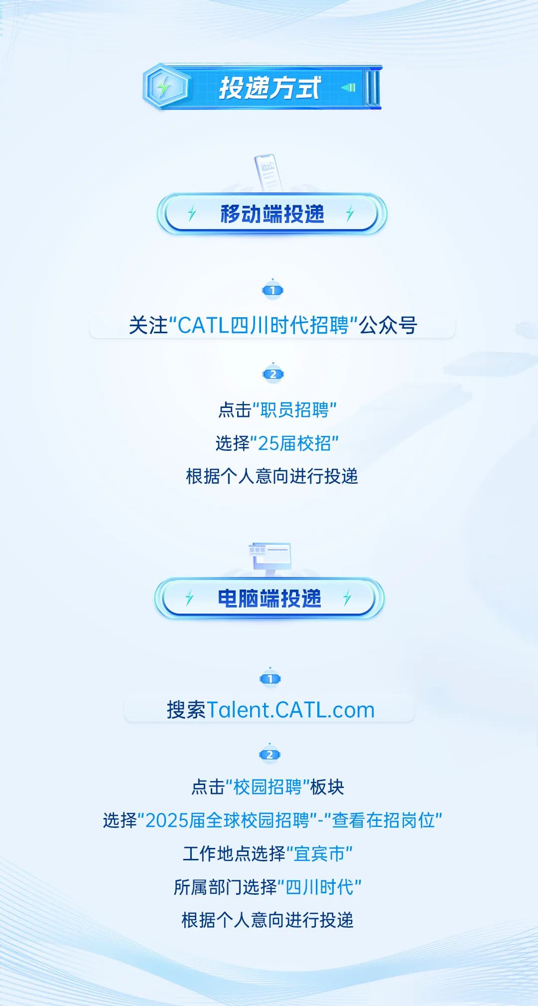 <p>投递方式</p>
<p>移动端投递</p>
<p>关注"CATL四川时代招聘"公众号</p>
<p>点击"职员招聘"<br/>选择"25届校招"<br/>根据个人意向进行投递</p>
<p>电脑端投递</p>
<p>搜索Talent.CATL.com</p>
<p>点击"校园招聘"板块</p>
<p>选择"2025届全球校园招聘"-"查看在招岗位&rdquo;"</p>
<p>工作地点选择"宜宾市"</p>
<p>所属部门选择"四川时代"</p>
<p>根据个人意向进行投递</p>
