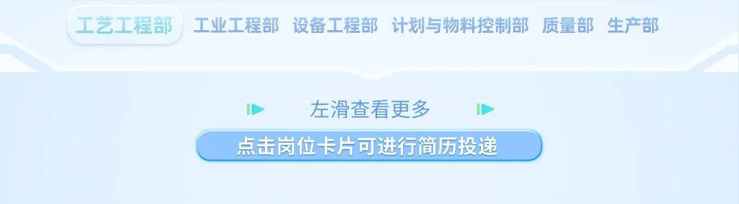 <p>工艺工程部I 工业工程部设备工程部计划与物料控制部质量部生产部</p>
<p>左滑查看更多</p>
<p>点击岗位卡片可进行简历投递 )</p>
