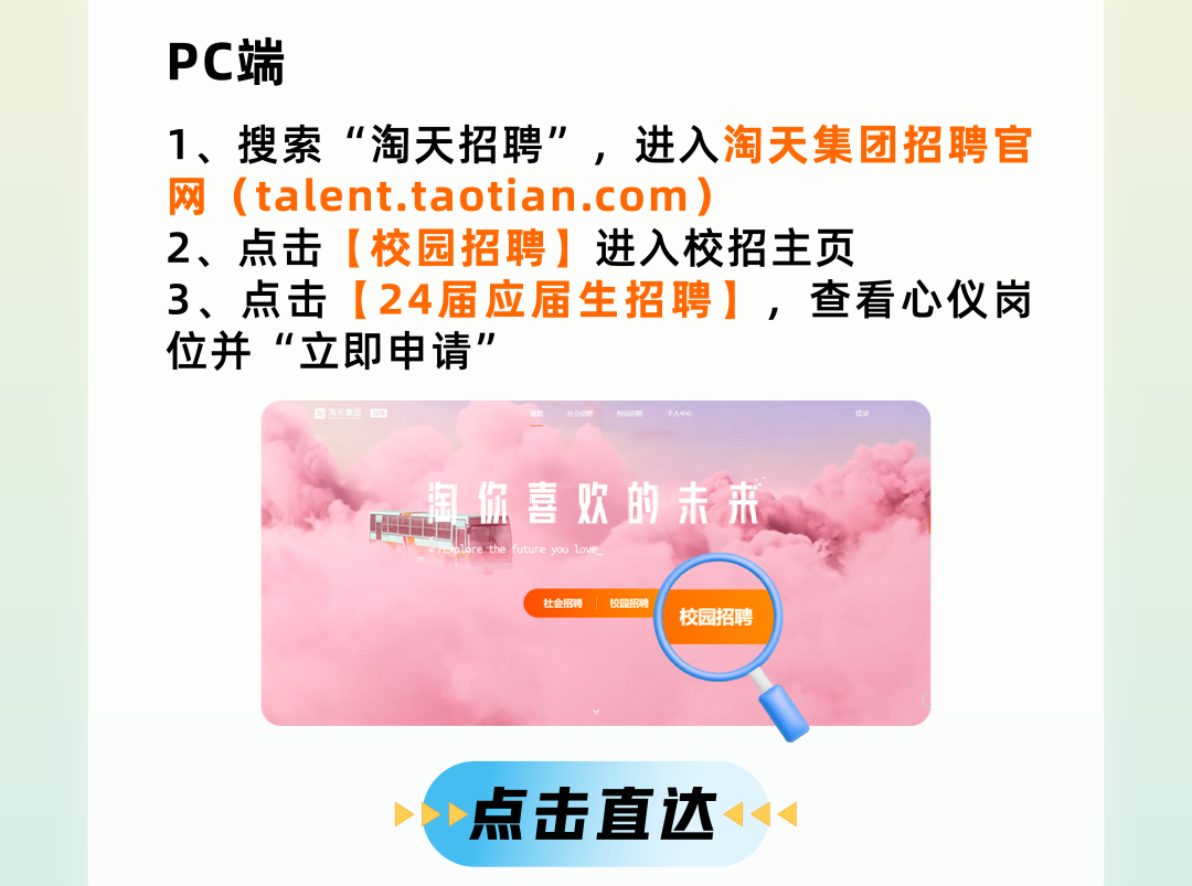 <p>PC端</p>
<p>1、搜索&ldquo;淘天招聘&rdquo;，进入淘天集团招聘官<br/>网(talent.taotian.com)</p>
<p>2、点击[校园招聘]进入校招主页</p>
<p>3、点击[24届应届生招聘]，查看心仪岗<br/>位并&ldquo;立即申请&rdquo;</p>
<p> <br/>淘你喜欢的未来</p>
<p>社会招聘</p>
<p>校园招</p>
<p>校园招聘</p>
<p>点击直达</p>
