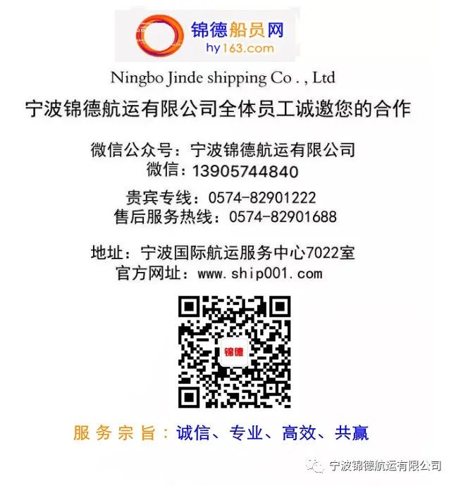 <p>锦德船员网</p>
<p>hy163.com</p>
<p>Ningbo Jinde shipping Co., Ltd</p>
<p>宁波锦德航运有限公司全体员工诚邀您的合作</p>
<p>微信公众号:宁波锦德航运有限公司</p>
<p>微信:13905744840<br/>贵宾专线:0574-82901222<br/>售后服务热线:0574-82901688</p>
<p>地址:宁波国际航运服务中心7022室<br/>官方网址:www.ship001.com</p>
<p>编很</p>
<p>服务宗旨:诚信、专业、高效、共赢</p>
<p>宁波锦德航运有限公司</p>