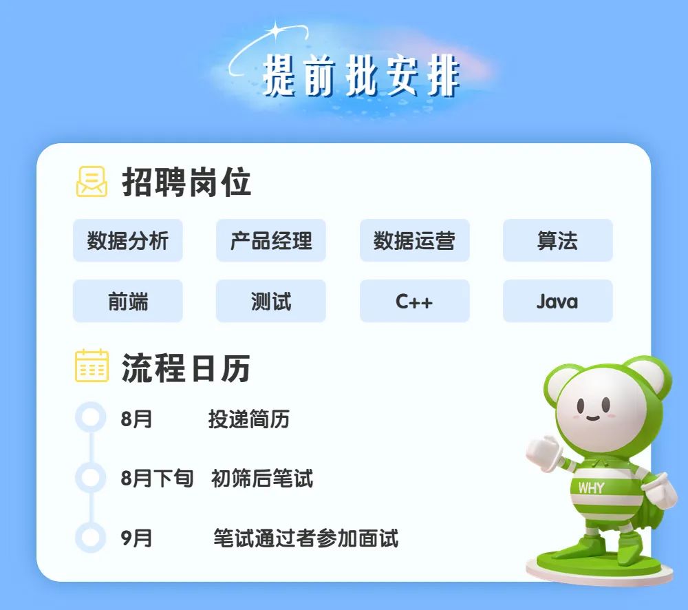 <p>提前批安排</p>
<p>招聘岗位<br/>数据分析</p>
<p>产品经理</p>
<p>数据运营</p>
<p>算法</p>
<p>前端</p>
<p>测试</p>
<p>C++</p>
<p>Java</p>
<p>黄<br/>流程日历<br/>8月</p>
<p>投递简历</p>
<p>8月下旬初筛后笔试</p>
<p>9月</p>
<p>笔试通过者参加面试</p>
<p>WHY</p>
