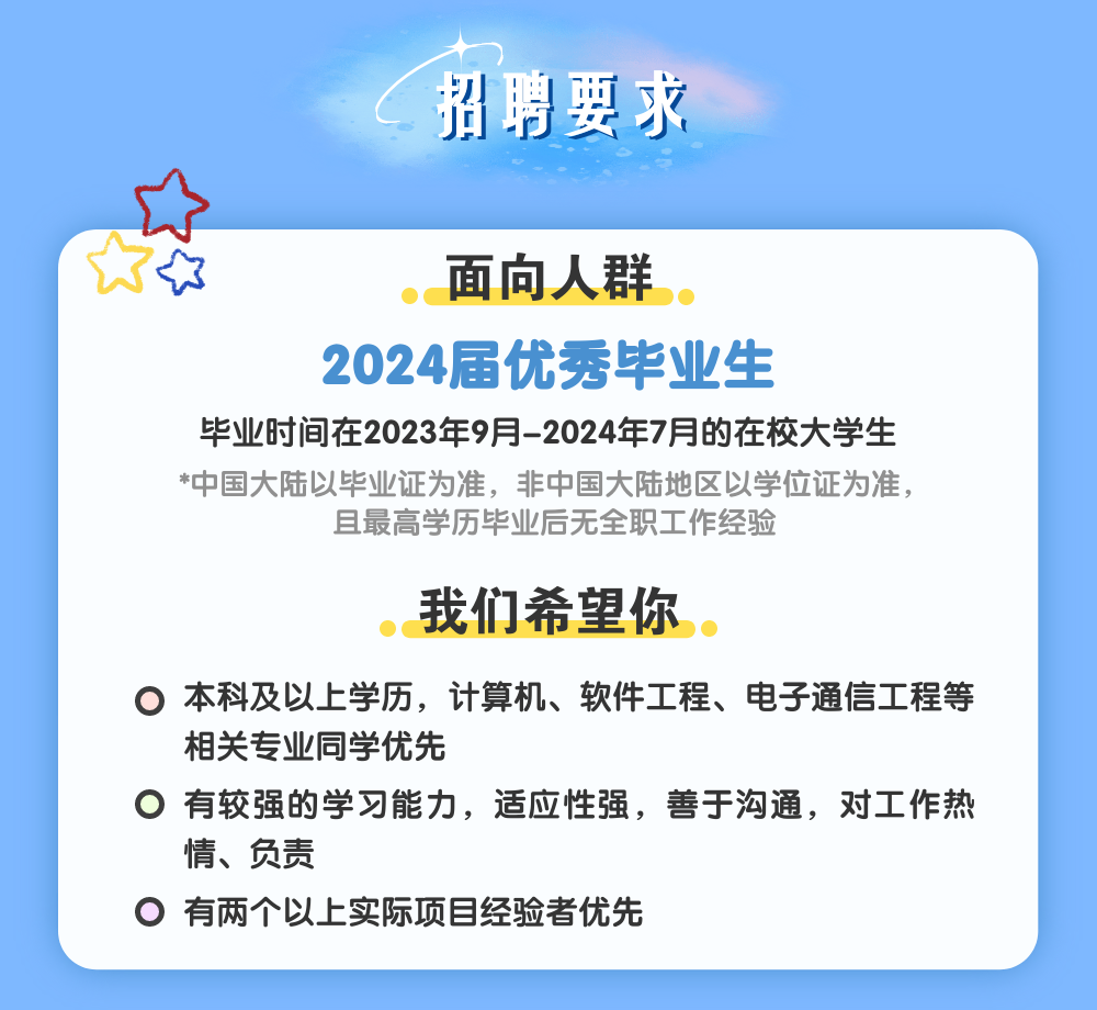 <p>招聘要求</p>
<p>面向人群</p>
<p>2024届优秀毕业生</p>
<p>毕业时间在2023年9月-2024年7月的在校大学生<br/>*中国大陆以毕业证为准，非中国大陆地区以学位证为准，</p>
<p>且最高学历毕业后无全职工作经验</p>
<p>我们希望你</p>
<p>本科及以上学历，计算机、软件工程、电子通信工程等<br/>相关专业同学优先</p>
<p>有较强的学习能力，适应性强，善于沟通，对工作热<br/>情、负责</p>
<p>有两个以上实际项目经验者优先</p>
