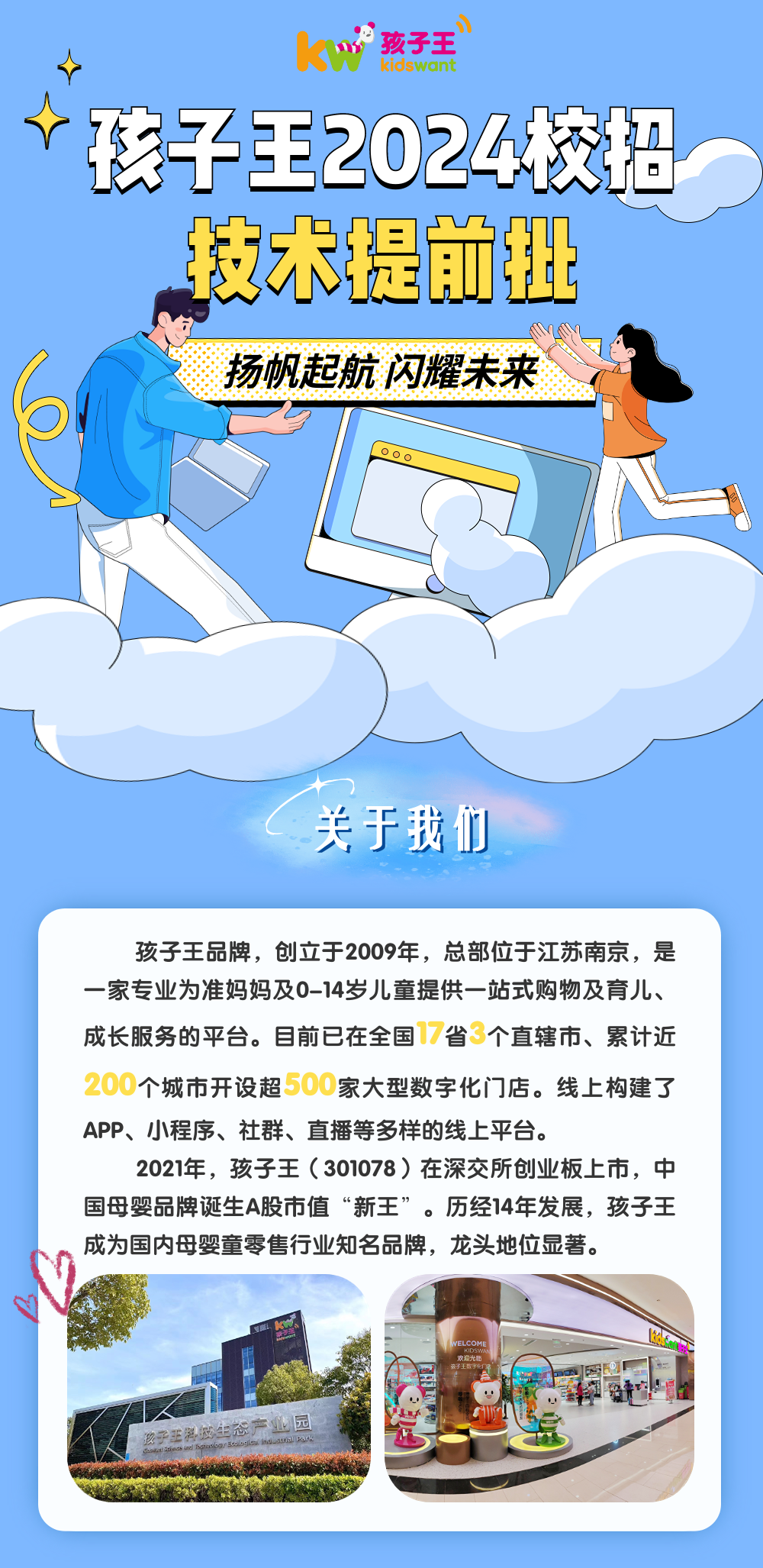 <p>010孩子王</p>
<p>kid want</p>
<p>r孩子王2024校招</p>
<p>技术提前批</p>
<p>扬帆起航闪耀未来</p>
<p>L∞oc</p>
<p>关于我们</p>
<p>孩子王品牌,创立于2009年,总部位于江苏南京,是</p>
<p>- - 家专业为准妈妈及0- -14岁儿童提供-站式购物及育儿、</p>
<p>成长服务的平台。目前已在全国省3个直辖市、累计近</p>
<p>个城市开设超500家大型数字化门店。线上构建了</p>
<p>APP、小程序、社群、直播等多样的线上平台。</p>
<p>2021年,孩子王(301078)在深交所创业板上市,中</p>
<p>国母婴品牌诞生A股市值“新王”。历经14年发展,孩子王</p>
<p>成为国内母婴童零售行业知名品牌,龙头地位显著。</p>
<p>Ladko</p>
<p>业园</p>
