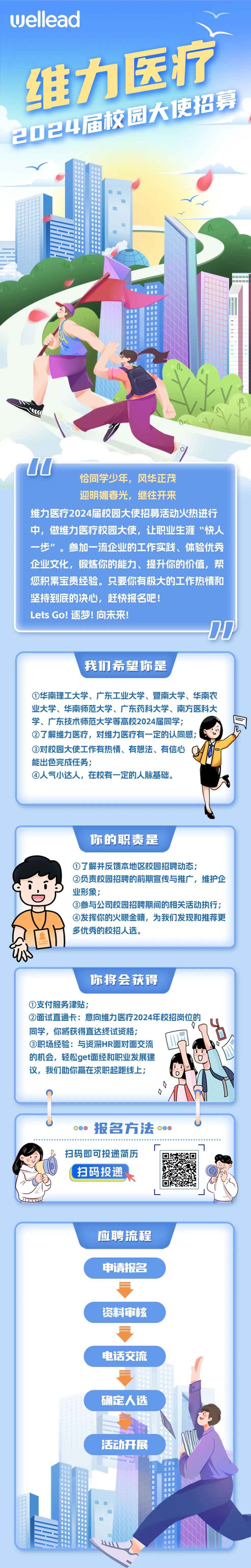 <p>Uellead</p>
<p>维力医疗</p>
<p>涯</p>
<p>应聘流程</p>
<p>申请报名</p>
<p>资料审核</p>
<p>电话交流</p>
<p>确定人选</p>
<p>活动开展</p>
<p>曲</p>
<p>山</p>

<table>
<tr><td colspan="2"></td>
<td></td>
<td></td>
<td></td>
</tr>
<tr><td colspan="5">山校团大厦☐1. .中 ...出1八。 " VU L S9dU恰同学少年,风华正茂迎明媚春光,继往开来</td>
</tr>
<tr><td colspan="4">维力医疗2024届校园大使招募</td>
<td>活动火热进行</td>
</tr>
<tr><td>中,做维</td>
<td colspan="3">力医疗校园大使,让职业生</td>
<td>"快人</td>
</tr>
<tr><td>-步”。</td>
<td colspan="3">参加一流企业的工作实践、体验优秀</td>
<td></td>
</tr>
<tr><td>企业文化</td>
<td colspan="4">,锻炼你的能力、提升你的价值,帮</td>
</tr>
<tr><td>您积累宝</td>
<td colspan="4">责经验。只要你有极大的工作热情和</td>
</tr>
<tr><td colspan="5">坚持 到底的决心,赶快报名吧!Lets Go!逐梦!向未来-DD</td>
</tr>
<tr><td colspan="5">\'我们希望你是1①华南理工大学、广东工业大学、暨南大学、华南农业大学、华南师范大学、广东药科大学、南方医科大学、广东技术师范大学等高校2024届同学;②了解维力医疗,对维力医疗有一-定的认同感;③对校园大使工作有热情、有想法、有信心能出色完成任务;④人气小达人,在校有一定的人脉基础。</td>
</tr>
<tr><td colspan="5"></td>
</tr>
<tr><td colspan="5">你的职责是①了解并反馈本地区校园招聘动态;②负责校园招聘的前期宣传与推广,维护企业形象;O③参与公司校园招聘期间的相关活动执行;④发挥你的火眼金睛,为我们发现和推荐更多优秀的校招人选。办日</td>
</tr>
<tr><td colspan="5">你将会获得①支付服务津贴;②面试直通卡:意向维力医疗2024年校招岗位的V同学,你将获得直达终试资格;③职场经验:与资深HR面对面交流 0的机会,轻松get面经和职业发展建 0议,我们助你赢在求职起跑线上;手 \\</td>
</tr>
<tr><td colspan="5">00  报名方法 000扫码即可投递简历\' 扫码投递I</td>
</tr>
<tr><td colspan="5"></td>
</tr>
</table>
