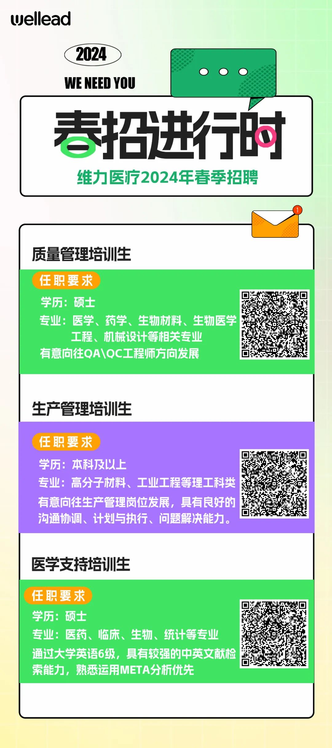 <p>wellead</p>
<p>2024</p>
<p>WE NEED YOU</p>
<p>春招进行时<br/>维力医疗2024年春季招聘</p>
<p>质量管理培训生</p>
<p>任职要求</p>
<p>学历:硕士</p>
<p>专业:医学、药学、生物材料、生物医学<br/>工程、机械设计等相关专业</p>
<p>有意向往QA\\QC工程师方向发展</p>
<p>生产管理培训生</p>
<p>任职要求</p>
<p>学历:本科及以上</p>
<p>专业:高分子材料、工业工程等理工科类<br/>有意向往生产管理岗位发展，具有良好的<br/>沟通协调、计划与执行、问题解决能力。</p>
<p>医学支持培训生</p>
<p>任职要求</p>
<p>学历:硕士</p>
<p>专业:医药、临床、生物、统计等专业<br/>通过大学英语6级,具有较强的中英文献检<br/>索能力，熟悉运用META分析优先</p>
