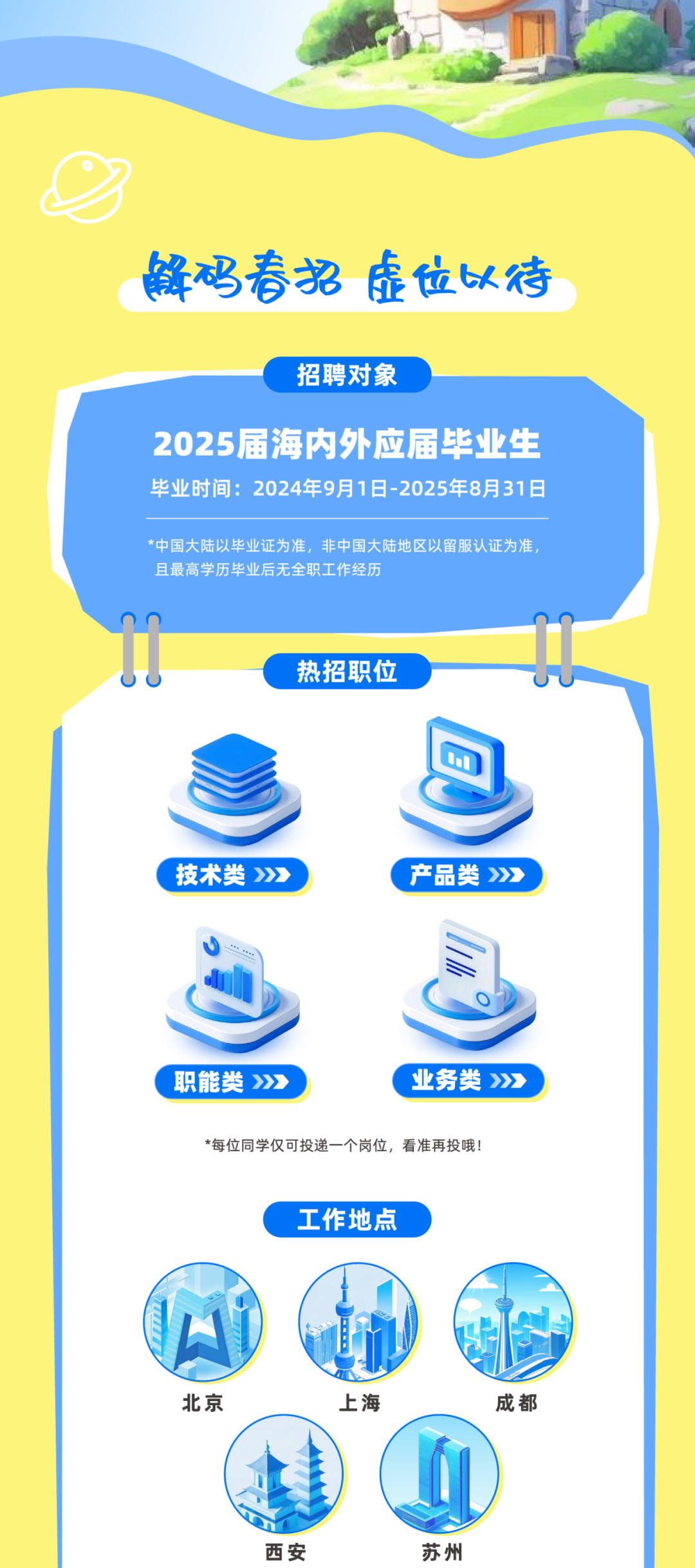 <p>锋码春招虚位以待</p>
<p>招聘对象</p>
<p>2025届海内外应届毕业生<br/>毕业时间:2024年9月1日-2025年8月31日</p>
<p>*中国大陆以毕业证为准，非中国大陆地区以留服认证为准，<br/>且最高学历毕业后无全职工作经历</p>
<p>0</p>
<p>热招职位</p>
<p>技术类》</p>
<p>产品类>》</p>
<p>职能类>》</p>
<p>业务类></p>
<p>*每位同学仅可投递一个岗位，看准再投哦!</p>
<p>工作地点</p>
<p>北京</p>
<p>上海</p>
<p>成都</p>
<p>西安</p>
<p>苏州</p>
