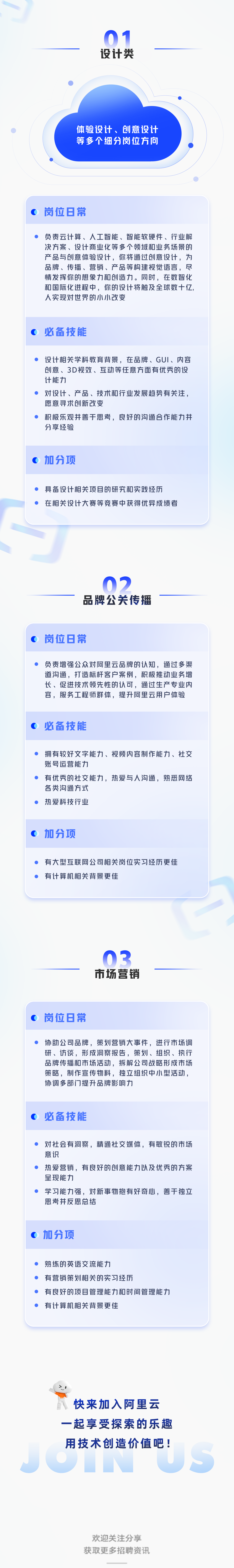 <p>01</p>
<p>设计类</p>
<p>体验设计、创意设计<br/>等多个细分岗位方向</p>
<p>岗位8常</p>
<p>负责云计算、人工智能、智能软硬件、行业解<br/>决方案、设计商业化等多个领域和业务场景的<br/>产品与创意体验设计,你将通过创意设计,为<br/>品牌、传播、营销、产品等构建视觉语言,尽<br/>情发挥你的想象力和创造力。同时,在数智化<br/>和国际化进程中,你的设计将触及全球数十亿,<br/>人实现对世界的小小改变</p>
<p>必备技能</p>
<p>设计相关学科教育背景,在品牌、GUI、内容<br/>创意、3D视效、互动等任意方面有优秀的设<br/>计能力</p>
<p>对设计、产品、技术和行业发展趋势有关注,<br/>愿意寻求创新改变</p>
<p>积极乐观并善于思考,良好的沟通合作能力并<br/>分享经验</p>
<p>加分项</p>
<p>具备设计相关项目的研究和实践经历</p>
<p>在相关设计大赛等竞赛中获得优异成绩者</p>
<p>品牌公关传播</p>
<p>岗位日常</p>
<p>负责增强公众对阿里云品牌的认知,通过多渠<br/>道沟通,打造标杆客户案例,积极推动业务增<br/>长、促进技术领先性的认可,通过生产专业内<br/>容,服务工程师群体,提升阿里云用户体验</p>
<p>必备技能</p>
<p>拥有较好文字能力、视频内容制作能力、社交<br/>账号运营能力</p>
<p>有优秀的社交能力,热爱与人沟通,熟悉网络<br/>各类沟通方式</p>
<p>热爱科技行业</p>
<p>0加分项</p>
<p>有大型互联网公司相关岗位实习经历更佳<br/>有计算机相关背景更佳</p>
<p>03<br/>市场营销</p>
<p>岗位日常</p>
<p>协助公司品牌,策划营销大事件,进行市场调<br/>研、访谈,形成洞察报告,策划、组织、执行<br/>品牌传播和市场活动,拆解公司战略形成市场<br/>策略,制作宣传物料,独立组织中小型活动,<br/>协调多部门提升品牌影响力</p>
<p>必备技能</p>
<p>对社会有洞察,精通社交媒体,有敏锐的市场<br/>意识</p>
<p>热爱营销,有良好的创意能力以及优秀的方案<br/>呈现能力</p>
<p>学习能力强,对新事物抱有好奇心,善于独立<br/>思考并反思总结</p>
<p>加分项</p>
<p>熟练的英语交流能力</p>
<p>有营销策划相关的实习经历</p>
<p>有良好的项目管理能力和时间管理能力<br/>有计算机相关背景更佳</p>
<p>快来加入阿里云<br/>一起享受探索的乐趣<br/>用技术创造价值吧!</p>
<p>欢迎关注分享<br/>获取更多招聘资讯</p>