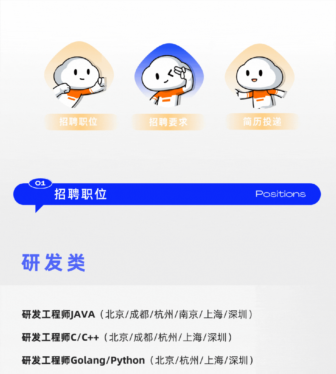 <p>  , <C 0</p>
<p>店</p>
<p>招聘职位招聘要求简历投递</p>
<p>01</p>
<p>招聘职位Positic or s</p>
<p>研发类</p>
<p>研发工程师JAVA (北京/成都/杭州/南京/ .上海/深圳)</p>
<p>研发工程师C/C++ (北京/成都/杭州/ . 上海/深圳)</p>
<p>研发工程师Golang/Python (北京/杭州/ .上海/深圳)</p>
