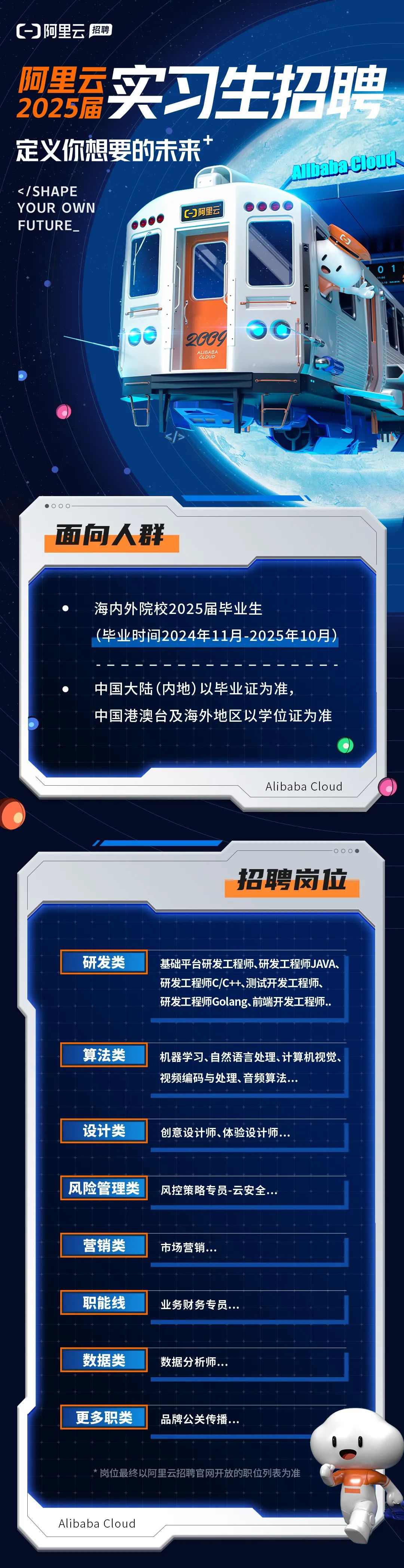 <p>阿里云<br/>招聘</p>
<p>2025届<br/>阿实习生招聘</p>
<p>定义你想要的未来+</p>
<p>AlaaG10W1</p>
<p></SHAPE</p>
<p>YOUR OWN</p>
<p>阿里云</p>
<p>FUTURE</p>
<p> </p>
<p>QOGY</p>
<p>ALIBABA</p>
<p>CLOUD</p>
<p>面向人群</p>
<p>海内外院校2025届毕业生</p>
<p>(毕业时间2024年11月-2025年10月)</p>
<p>中国大陆(内地)以毕业证为准，</p>
<p>中国港澳台及海外地区以学位证为准</p>
<p>Alibaba Cloud</p>
<p>招聘岗位</p>
<p>研发类</p>
<p>基础平台研发工程师、研发工程师JAVA、<br/>研发工程师C/C++、测试开发工程师、<br/>研发工程师Golang、前端开发工程师..</p>
<p>算法类</p>
<p>机器学习、自然语言处理、计算机视觉、<br/>视频编码与处理、音频算法...</p>
<p>设计类</p>
<p>创意设计师、体验设计师.</p>
<p>风险管理类</p>
<p>风控策略专员-云安全.</p>
<p>营销类</p>
<p>市场营销..</p>
<p>职能线</p>
<p>业务财务专员.</p>
<p>数据类</p>
<p>数据分析师</p>
<p>更多职类</p>
<p>品牌公关传播.</p>
<p>岗位最终以阿里云招聘官网开放的职位列表为准</p>
<p>Alibaba Cloud</p>
