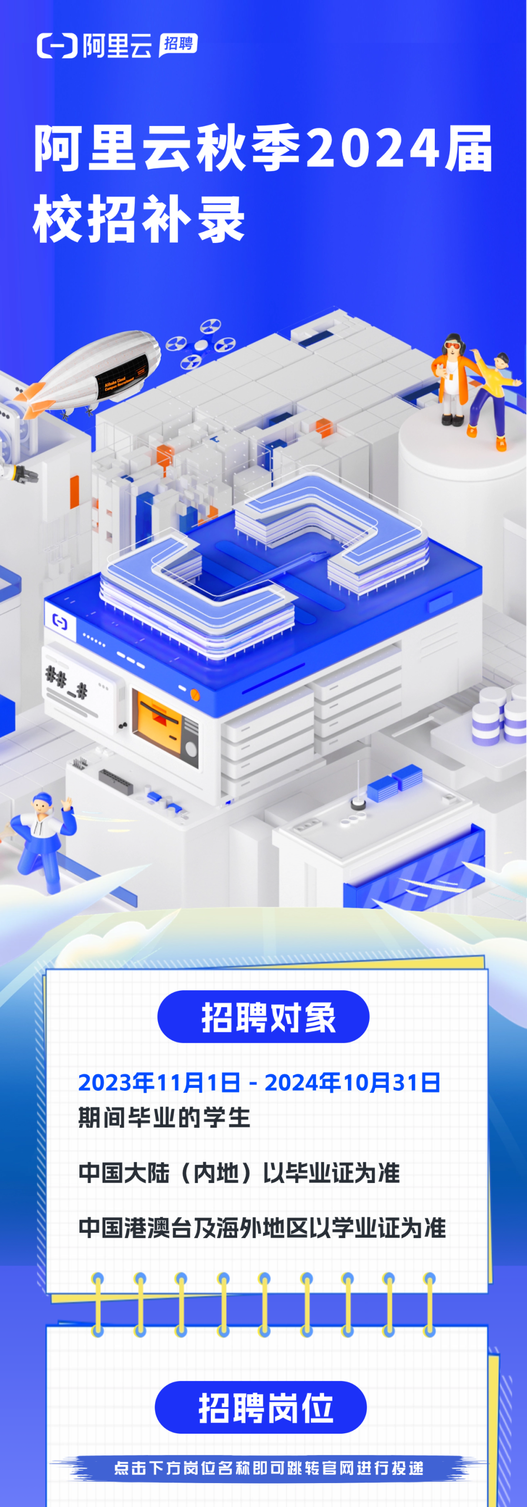 <p>阿里云 招聘</p>
<p>阿里云秋季2024届<br/>校招补录</p>
<p>招聘对象</p>
<p>2023年11月1日-2024年10月31日<br/>期间毕业的学生</p>
<p>中国大陆(内地)以毕业证为准</p>
<p>中国港澳台及海外地区以学业证为准</p>
<p>招聘岗位</p>
<p>点击下方岗位名称即可跳转官网进行投递</p>
