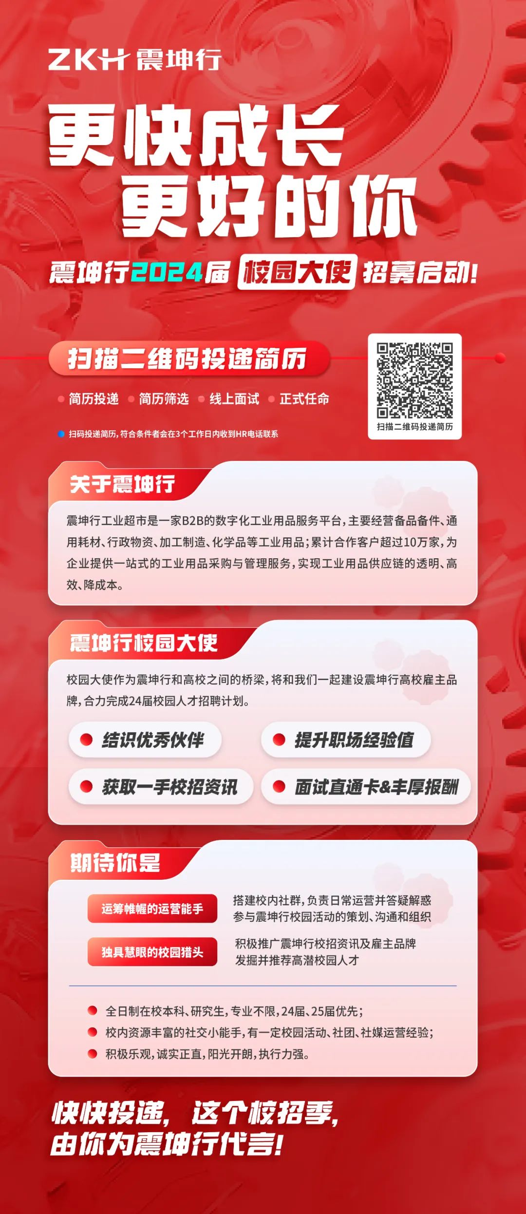 <p>ZK出震坤行</p>
<p>更快成长</p>
<p>更好的你<br/>震坤行2024届 校园大使 招募启动!</p>
<p>扫描二维码投递简历<br/>简历投递 ●简历筛选 线上面试 ●正式任命</p>
<p>扫码投递简历,符合务件者会在3个工作日内收到HR电话联系</p>
<p>扫描二维码投递简历</p>
<p>关于震坤行</p>
<p>震坤行工业超市是一家B2B的数字化工业用品服务平台,主要经营备品备件、通<br/>用耗材、行政物资、加工制造、化学品等工业用品;累计合作客户超过10万家,为<br/>企业提供一站式的工业用品采购与管理服务,实现工业用品供应链的透明、高<br/>效、降成本。</p>
<p>震坤行校园大使</p>
<p>校园大使作为震坤行和高校之间的桥梁,将和我们一起建设震坤行高校雇主品<br/>牌,合力完成24届校园人才招聘计划。</p>
<p>结识优秀伙伴</p>
<p>提升职场经验值</p>
<p>获取一手校招资讯</p>
<p>面试直通卡&丰厚报酬</p>
<p>期待你是</p>
<p>运筹帷幄的运营能手<br/>独具慧眼的校园猎头</p>
<p>搭建校内社群,负责日常运营并答疑解惑<br/>参与震坤行校园活动的策划、沟通和组织<br/>积极推广震坤行校招资讯及雇主品牌<br/>发掘并推荐高潜校园人才</p>
<p>全日制在校本科、研究生,专业不限,24届、25届优先;</p>
<p>校内资源丰富的社交小能手,有一定校园活动、社团、社媒运营经验;<br/>积极乐观,诚实正直,阳光开朗,执行力强。</p>
<p>快快投递，<br/>这个校招季，<br/>由你为震坤行代言!</p>
