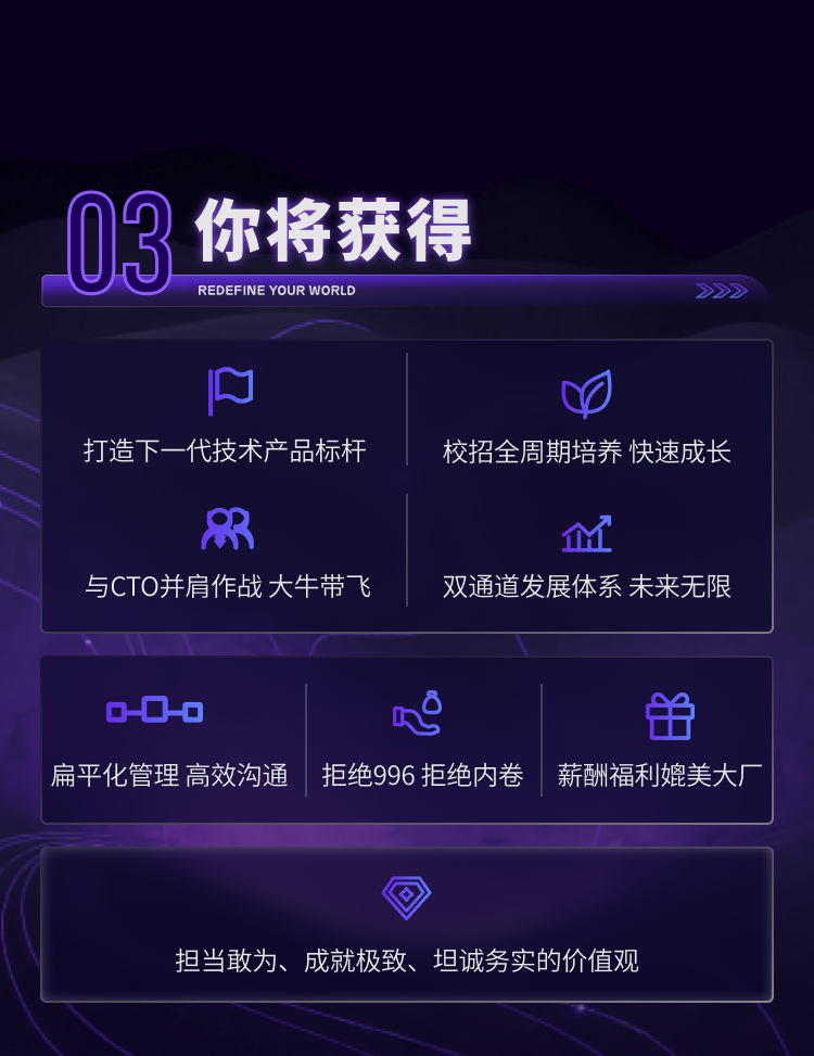 <p>03</p>
<p>你将获得<br/>REDEFINE YOUR WORLD</p>
<p>In</p>
<p>打造下一代技术产品标杆</p>
<p>校招全周期培养 快速成长</p>
<p>与CTO并肩作战大牛带飞</p>
<p>双通道发展体系 未来无限</p>
<p>000</p>
<p>0<br/>8</p>
<p>扁平化管理高效沟通拒绝996 拒绝内卷薪酬福利媲美大厂</p>
<p>担当敢为、成就极致、坦诚务实的价值观</p>
