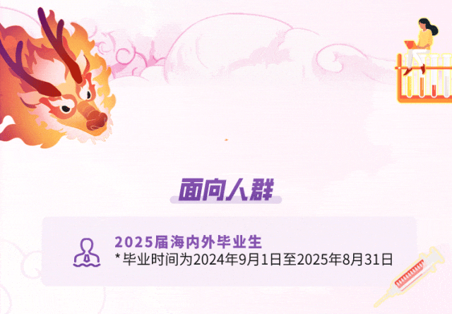 <p>面向人群</p>
<p>2025届海内外毕业生</p>
<p>*毕业时间为2024年9月1日至2025年8月31日</p>
