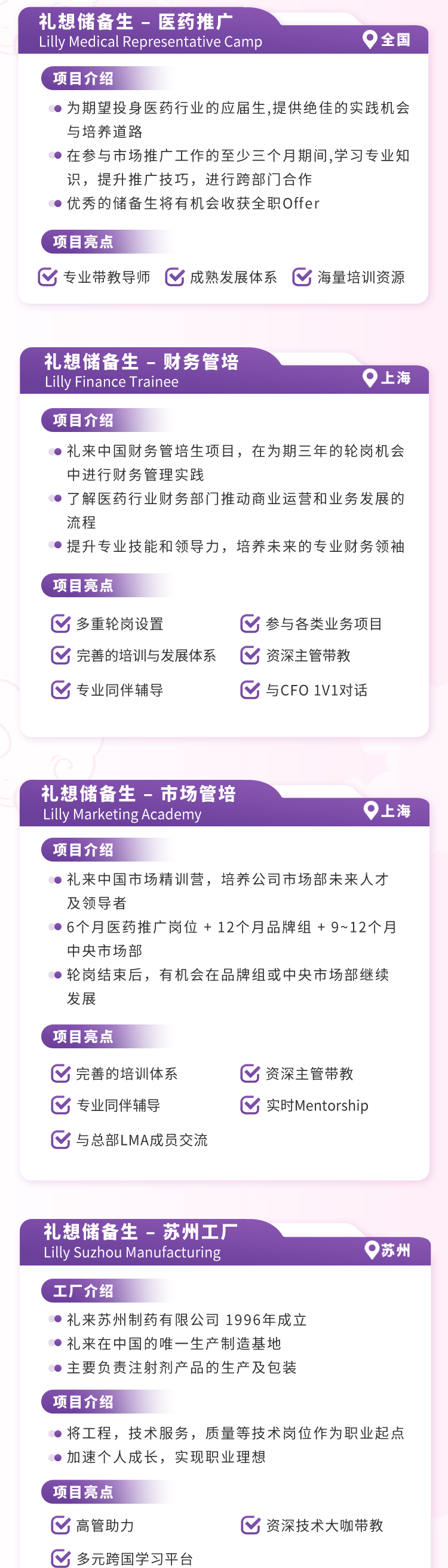 <p>礼想储备生-医药推广</p>
<p>ily Medical Representative Camp全国</p>
<p>项目介绍</p>
<p> 为期望投身医药行业的应届生,提供绝佳的实践机会</p>
<p>与培养道路</p>
<p>在参 与市场推广工作的至少三个月期间,学习专业知</p>
<p>识,提升推广技巧,进行跨部门合作</p>
<p> 优秀的储备生将有机会收获全职Offer</p>
<p>项目亮点</p>
<p>区专业带教导师区成熟发展体系区海量培训资源</p>
<p>工厂介绍</p>
<p> 礼来苏州制药有限公司1996年成立</p>
<p> 礼来在中国的唯一生产制造基地</p>
<p>)主要负责注射剂产品的生产及包装</p>
<p>项目介绍</p>
<p> 将工程,技术服务,质量等技术岗位作为职业起点</p>
<p> 加速个人成长,实现职业理想</p>
<p>项目亮点</p>
<p>区高管助力区资深技术大咖带教</p>
<p>区多元跨国学习平台</p>

<table>
<tr><td>礼想储备生-财务管培ily Finance Trainee 上海</td>
</tr>
<tr><td>项目介绍 礼来中国财务管培生项目,在为期三年的轮岗机会中进行财务管理实践 了解医药行业财务部门推动商业运营和业务发展的流程 提升专业技能和领导力,培养未来的专业财务领袖项目亮点区多重轮岗设置 区参与各类业务项目区完善的培训与发展体系 区资深主管带教区专业同伴辅导 区与CFO 1V1对话</td>
</tr>
<tr><td>礼想储备生-市场管培Lilly Marketing Academy 上海</td>
</tr>
<tr><td>项目介绍 礼来中国市场精训营,培养公司市场部未来人才及领导者 6个月医药推广岗位+ 12个月品牌组+ 9~12个月中央市场部轮岗结束后, 有机会在品牌组或中央市场部继续发展项目亮点区完善的培训体系 区资深主管带教区专业同伴辅导 区实时Mentorship区与总部LMA成员交流</td>
</tr>
<tr><td>礼想储备生-苏州工厂Llly Suzhou Manufacturing 苏州</td>
</tr>
</table>
